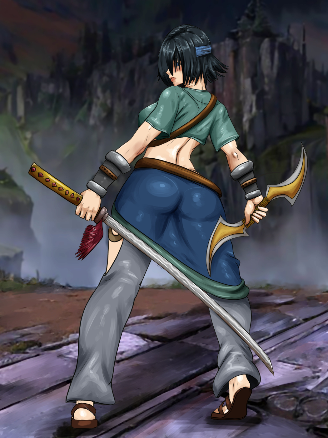 1girls alternate_version_available ass back black_hair blush female female_only fighting_game fully_clothed hair_over_eyes katana kyunamaori legs long_hair looking_at_viewer looking_back midriff miser project_soul shuriken solo soul_calibur soul_calibur_iii standing sword weapon