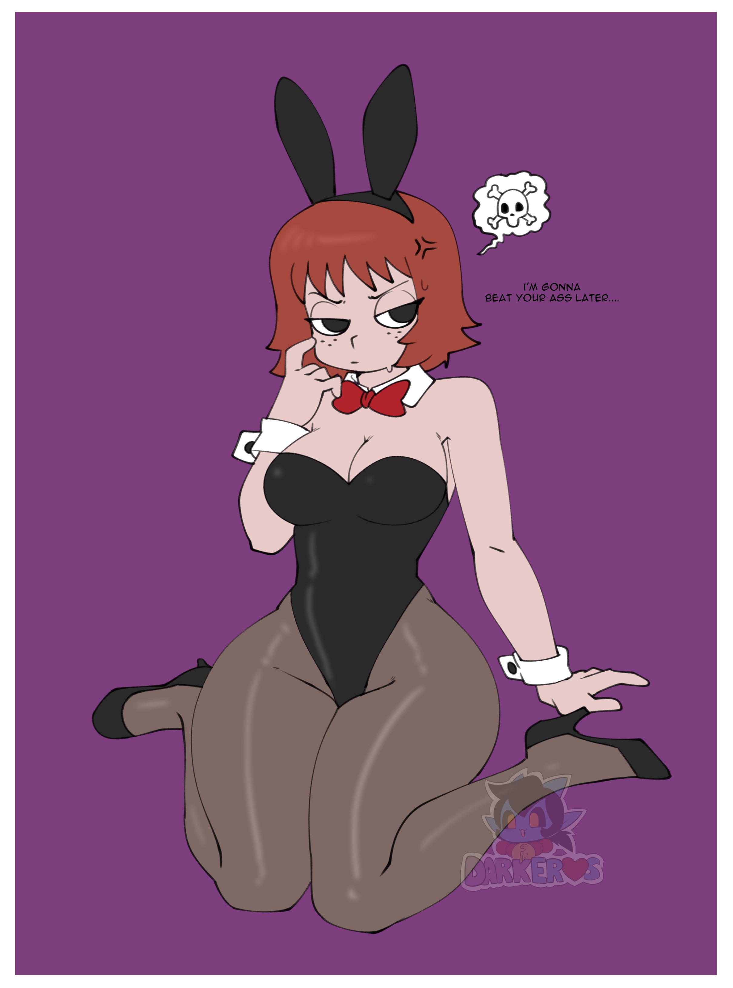 1girls, anger vein, bare shoulders, black eyes, bunny ears, bunnysuit, darkeros13, female, freckles, heels, kim pine, kneeling, light skin, light-skinned female, red hair, scott pilgrim, short hair, skull, solo, solo female, sweat