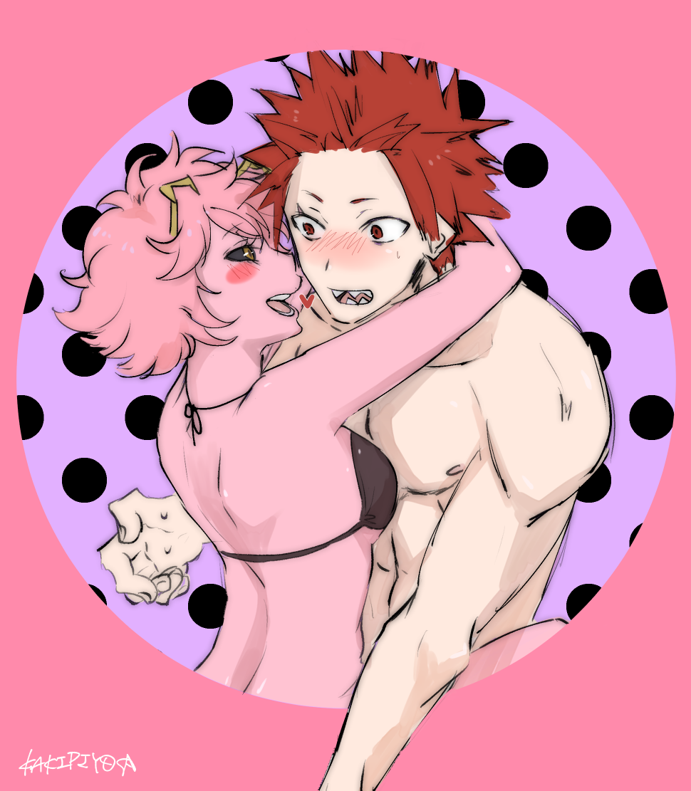 1boy 1boy1girl 1girls arms_around_neck assertive_female black_sclera blush blushing bra breast_on_chest cute dkakipiyoa eijirou_kirishima embrace embracing female heart horns hugging innocent kakipiyo kirimina male male/female mina_ashido my_hero_academia pink_hair pink_skin red_eyes red_hair seductive sensual straight suggestive surprised