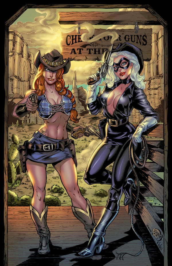 2girls alternate_version_available belt big_breasts black_cat_(marvel) casual cdubbart cleavage clothing cowgirl felicia_hardy female female_only firearm footwear gun gwenaelle_daligault handgun headwear human jake_isenberg marvel mary_jane_watson pale_skin revolver spider-man_(series) tagme tattoo thighs weapon western whip wild_west