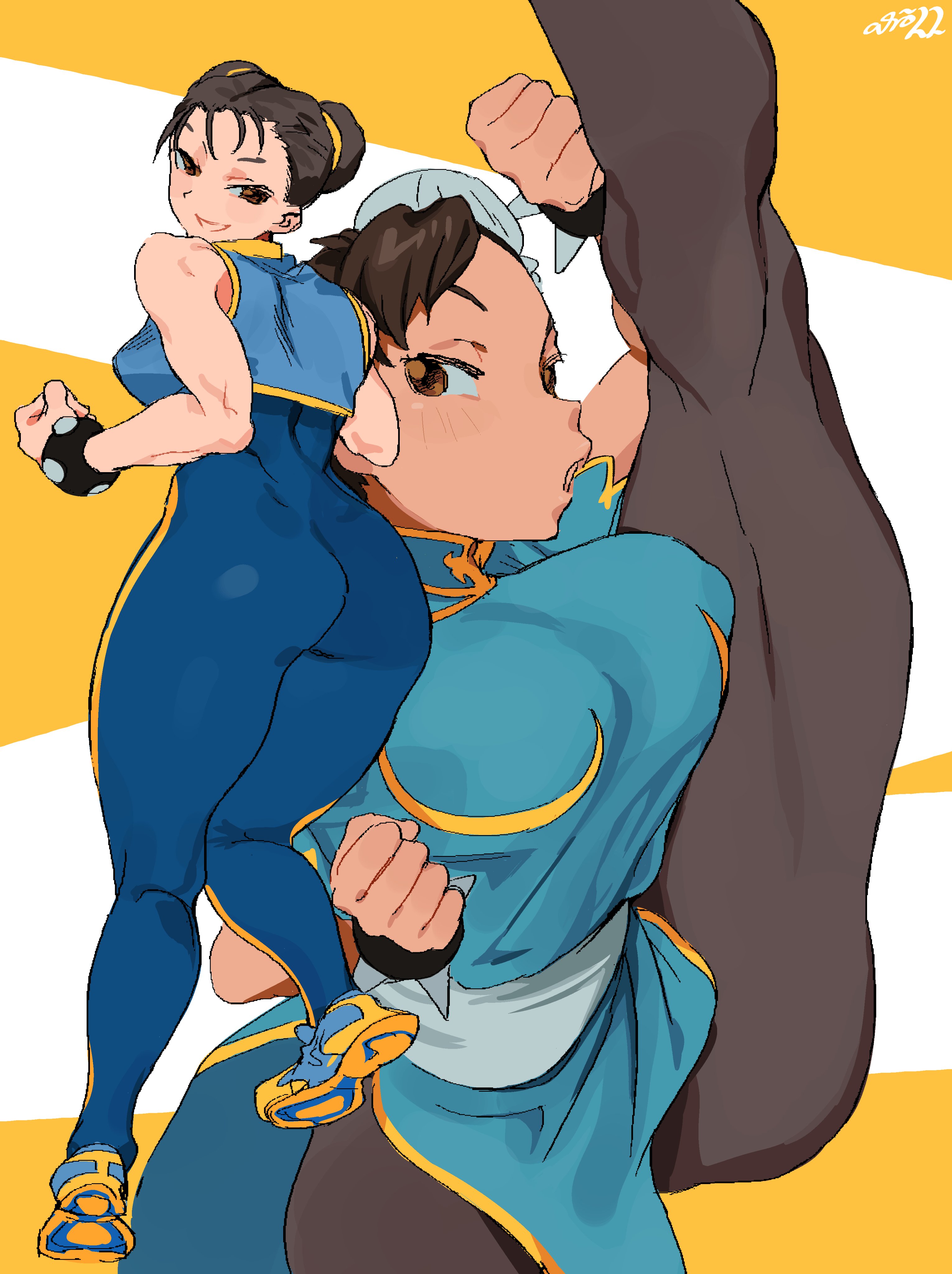 1girls, absurd res, ass, asymmetrical hair, bare shoulders, blue bodysuit, blush, bodysuit, bracelet, brown eyes, brown hair, brown pantyhose, capcom, china dress, chinese clothes, chun-li, chun-li (fortnite), clenched hand, clenched hands, crop top, crop top overhang, double bun, dress, female, female only, flexible, from behind, fully clothed, hair bun, hair ornament, hi res, jewelry, leg up, legs, looking at viewer, looking back, muscular, muscular female, obi, pantyhose, pelvic curtain, puffy short sleeves, puffy sleeves, sash, shoes, short sleeves, side slit, skin tight, smug, sneakers, solo, spiked bracelet, spikes, street fighter, street fighter alpha, street fighter ii, thighs, whoopsatro