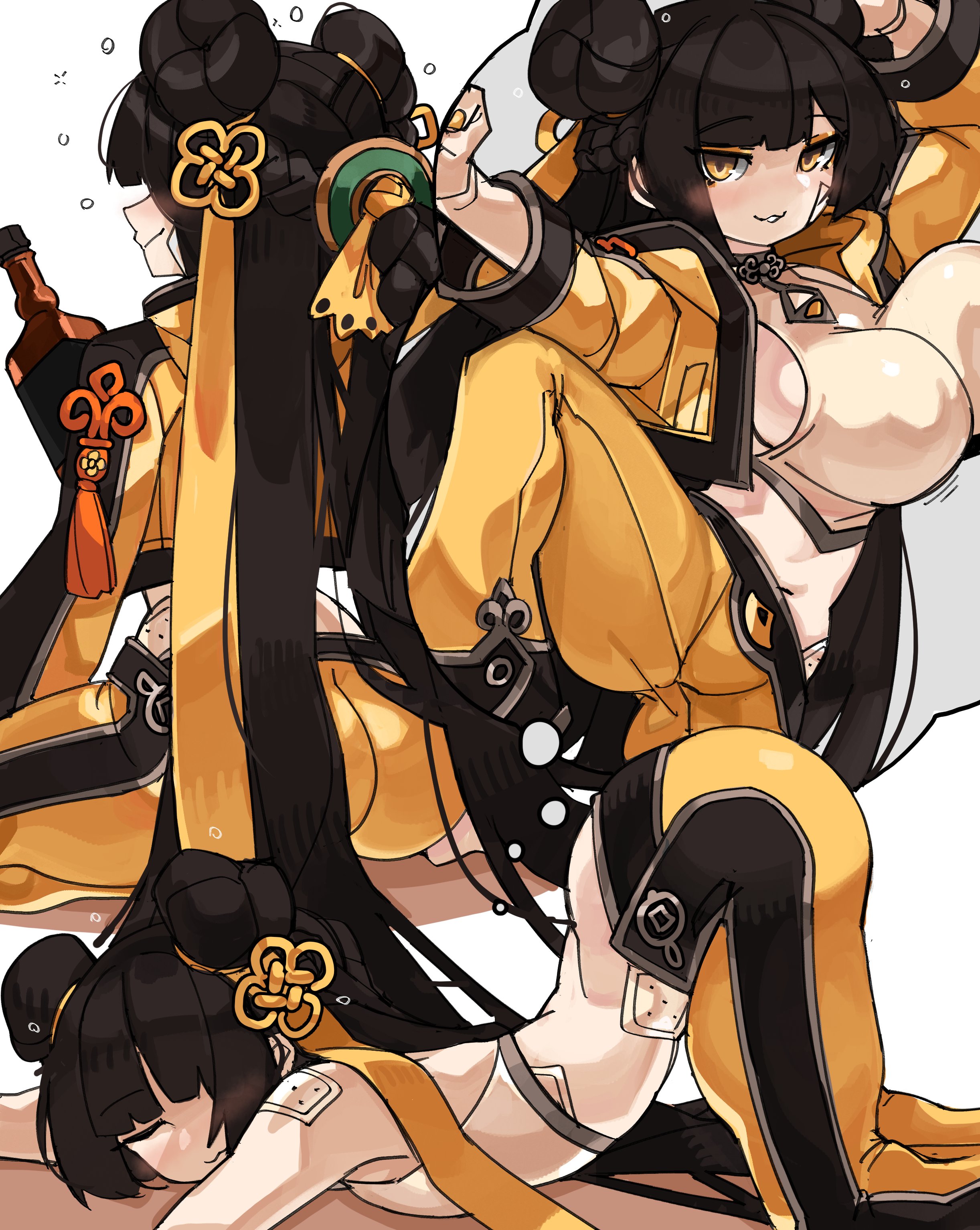 1girls, amber eyes, ass, ass up, bangs, black hair, bottle, clothing, dreaming, drunk, face down ass up, female, female only, hair bun, li dailin (black survival), long hair, looking at viewer, pose, sleeping, solo, solo female, top-down bottom-up, twin buns, very high resolution, white background, zanamaoria