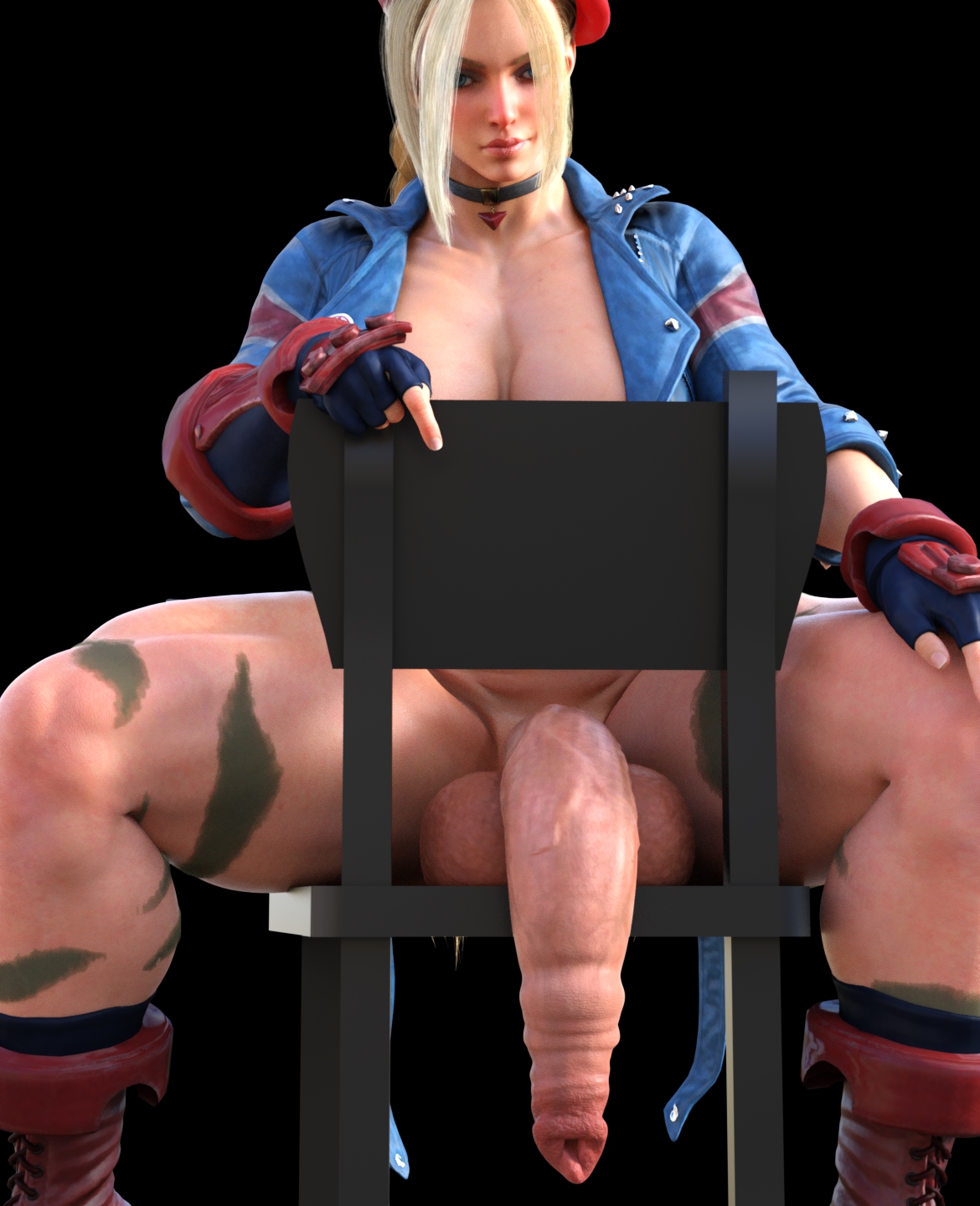 3d, cammy white, flaccid, foreskin, futa only, futanari, hdregrets, intersex, long foreskin, looking at viewer, muscular, muscular futa, penis, pointing, street fighter, street fighter 6, taker pov, uncircumcised, uncut