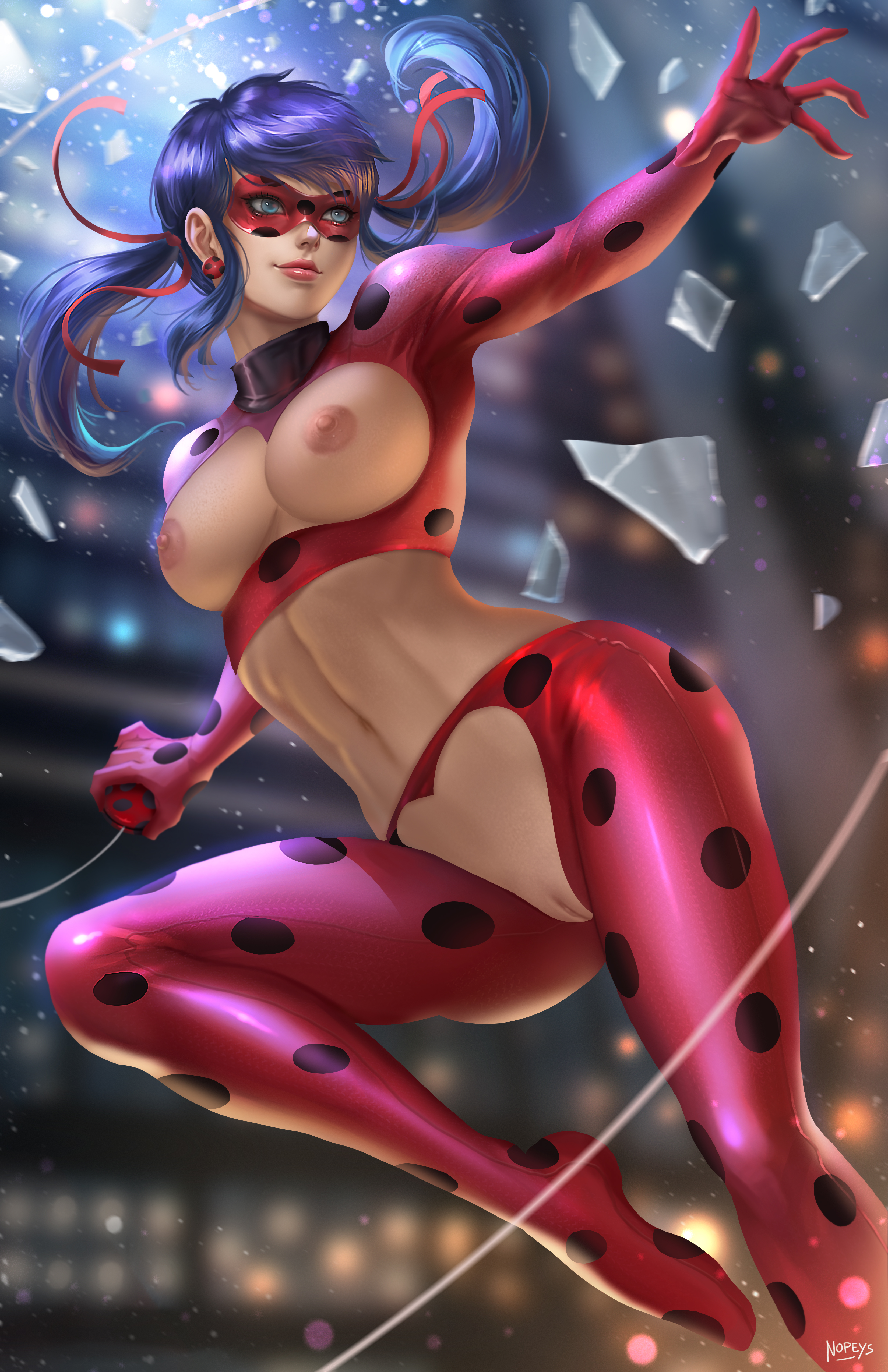 1girls, black hair, blue eyes, breasts, broken glass, casual, casual exposure, casual nudity, clothing, earrings, exhibitionism, exposed, exposed breasts, exposed pussy, female, functionally nude, glass shards, human, jewelry, ladybug (character), long hair, marinette cheng, marinette dupain-cheng, miraculous ladybug, mostly nude, naked footwear, nopeys, public, public exposure, public nudity, pussy, solo, tagme