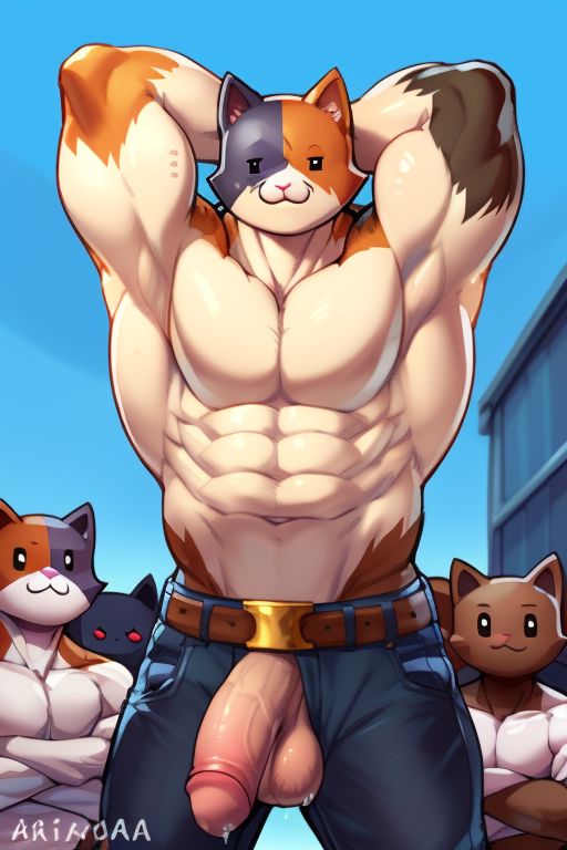 1boy ai_generated anthro big_penis blue_fur blue_sky bottomless brown_fur brown_tail calico_cat cat_ears cat_tail catboy clothing compression_clothing compression_shirt crowd crowd_watching detailed detailed_background epic_games felid feline felis flaccid fortnite fortnite:_battle_royale fur long_penis male male_breasts male_only males_only meowscles meowscles_(fortnite) muscular muscular_anthro muscular_arms muscular_male no_pants no_underwear orange_eyes pants penis pink_nose precum public public_exposure solo solo_focus solo_male stable_diffusion tricolor tricolor_fur video_game_character video_games white_body white_fur wide_hips