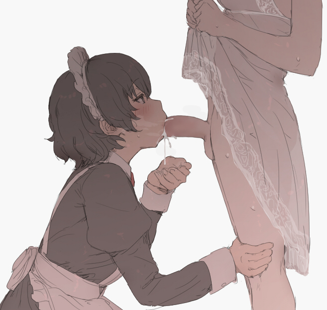 :>=, 2girls, black hair, blush, cum, cum in mouth, decensored, dress, dress lift, edit, fellatio, female, from side, futa with female, futa-sama (mdf an), futanari, intersex, juliet sleeves, lifted by self, long sleeves, maid, maid headdress, mdf an, multiple females, multiple girls, oral, overflow, penis, puffy sleeves, short hair, short-haired maid (mdf an), simple background, solo focus, white background