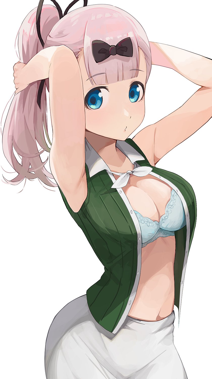 1girls, armpits, big breasts, blue eyes, bra, breasts, female, female only, fujiwara chika, hair bow, hiroki yyqw7151, kaguya-sama wa kokurasetai ~tensai-tachi no renai zunousen~, looking at viewer, pink hair, ribbon, solo, tied hair, underwear