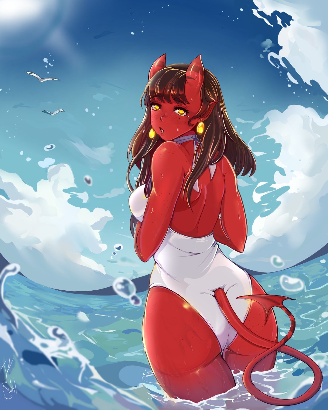 1girls, back view, brown hair, cupdealer, demon, demon girl, demon horns, demon tail, detailed background, earrings, female, female only, freckles, hi res, horns, in water, light blush, long hair, looking at viewer, looking back, meru (merunyaa), mole under eye, one-piece swimsuit, original, pointy ears, red skin, sea, solo, solo female, straight hair, succubus, swimsuit, tail, yellow eyes