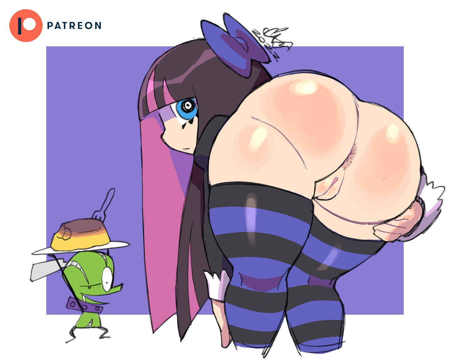 1girls, anus, ass, asshole, bent over, big ass, caliginous, chuck (psg), female, panty & stocking with garterbelt, pussy, stocking anarchy, striped legwear, thick thighs, thighhighs, two-tone hair