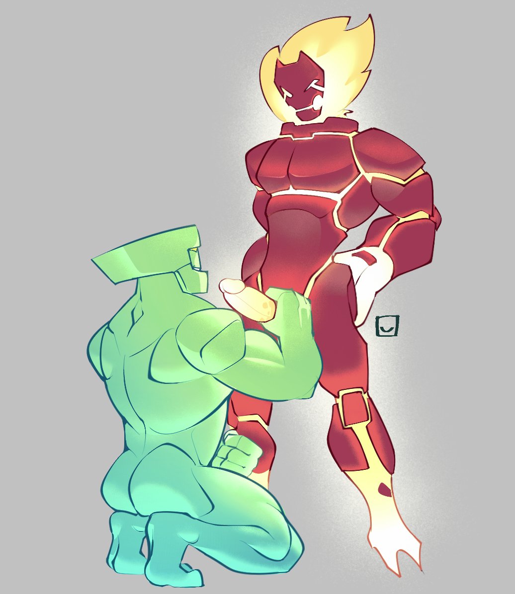 2boys alien alien_humanoid ass ben_10 color commission diamondhead duo duo_focus gay golem grey_background handjob heatblast highres humanoid humanoid_penis larger_male looking_at_another looking_at_partner male male/male male_only mineral_fauna mineral_humanoid muscular muscular_male omlet_bavuz on_knees penis petrosapien pyronite rock rock_creature rock_humanoid