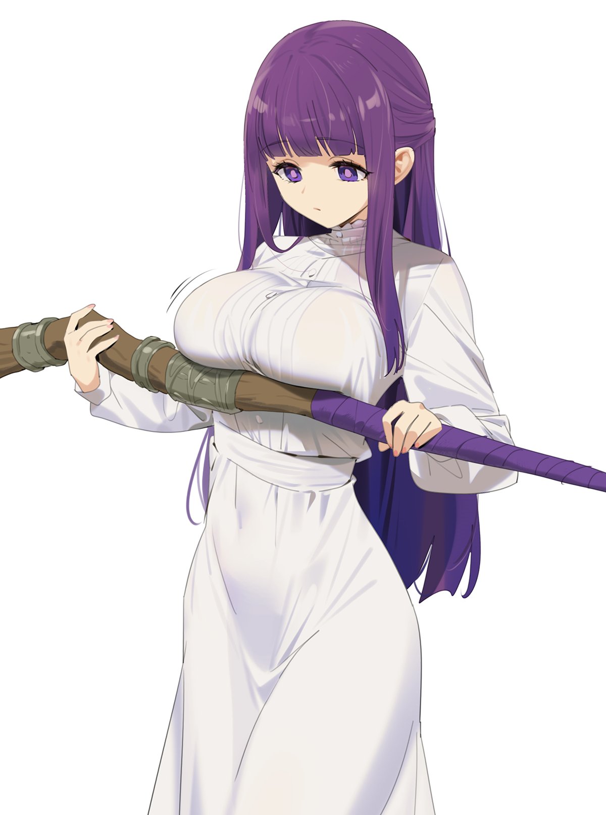 1girls, bangs, belly button, belly button visible through clothing, big breasts, breasts, breasts press, busty, clothed, curves, curvy, dress, female, female only, fern (sousou no frieren), fully clothed, huge breasts, human, large breasts, light skin, light-skinned female, magician, purple eyes, purple hair, sorceress, sousou no frieren, staff, tight clothes, tight clothing, yd (orange maru)