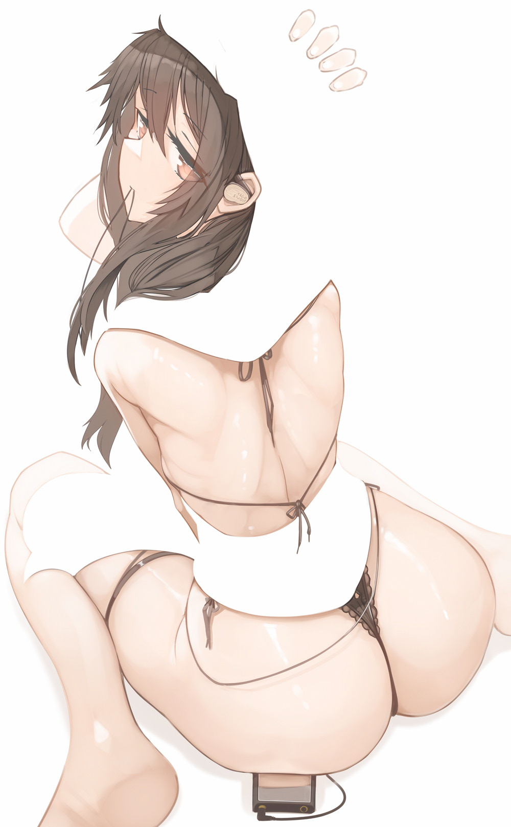 bareback barefoot big_ass bikini brown_hair earphones genek kneeling long_hair looking_at_viewer looking_back original_character panties spread_legs towel underwear