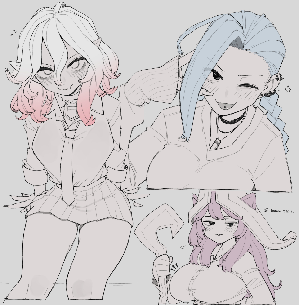 alternate breast size, animal ears, blue hair, blush, breasts, briar (league of legends), button down shirt, choker, cute, ear piercing, female, hat, jinx (league of legends), large breasts, league of legends, long fingernails, looking at viewer, lulu the fae sorceress, magic staff, necklace, necktie, ohasi, pleated skirt, pointed ears, pointy ears, purple hair, school uniform, schoolgirl, schoolgirl uniform, short skirt, skirt, staff, sticking out tongue, tie, tongue, tongue out, tongue piercing, wink, winking, winking at viewer
