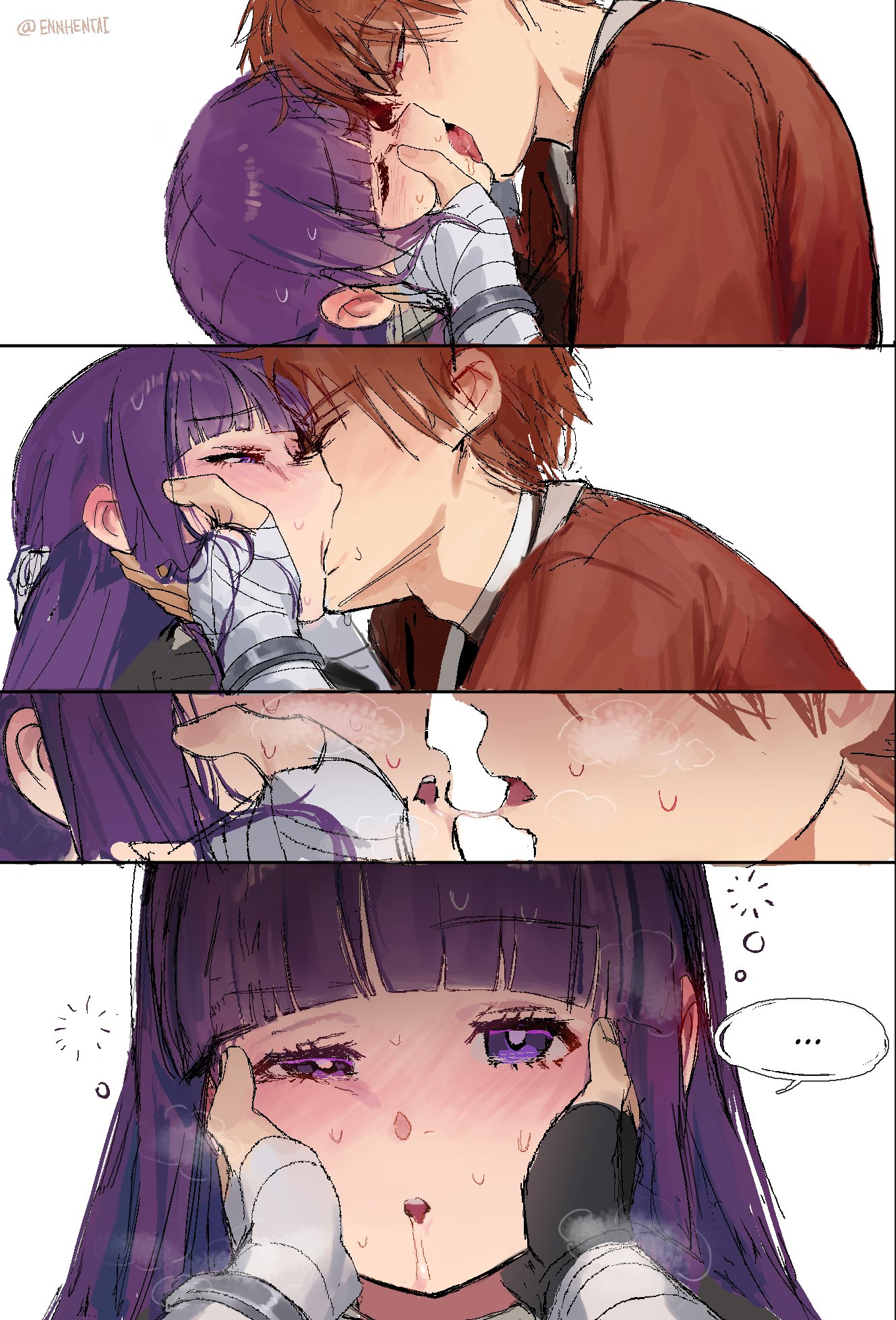 1boy, 1girls, big breasts, breasts, deep kissing, embarrassed, embarrassed female, ennhentai, fanfiction, female, fern (sousou no frieren), french kissing, kissing, long hair, long sleeves, male, manga, manga page, orange hair, panels, png version available, purple eyes, purple hair, red hair, sfw, sousou no frieren, stark (sousou no frieren), tight clothing, tongue, tongue out, wholesome
