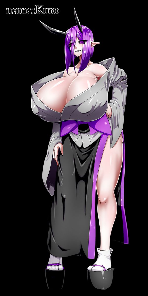 bare_shoulders cleavage female horns kimono kuro_(yuki_yugi_paru) oni oni_horns purple_eyebrows purple_eyes purple_hair ribbon robes sharp_teeth simple_background skindentation smirk smug solo tabi thighs yuki_yugi_paru