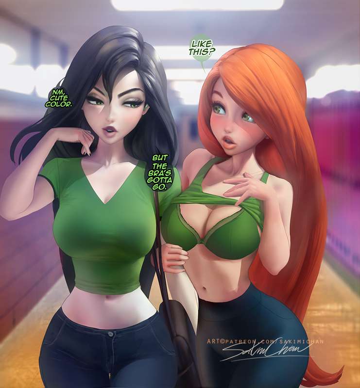 2girls, big breasts, black hair, blush, bra, breasts, disney, english text, female, female only, ginger hair, green bra, kim possible, kimberly ann possible, long hair, multiple females, multiple girls, sakimichan, shego, text