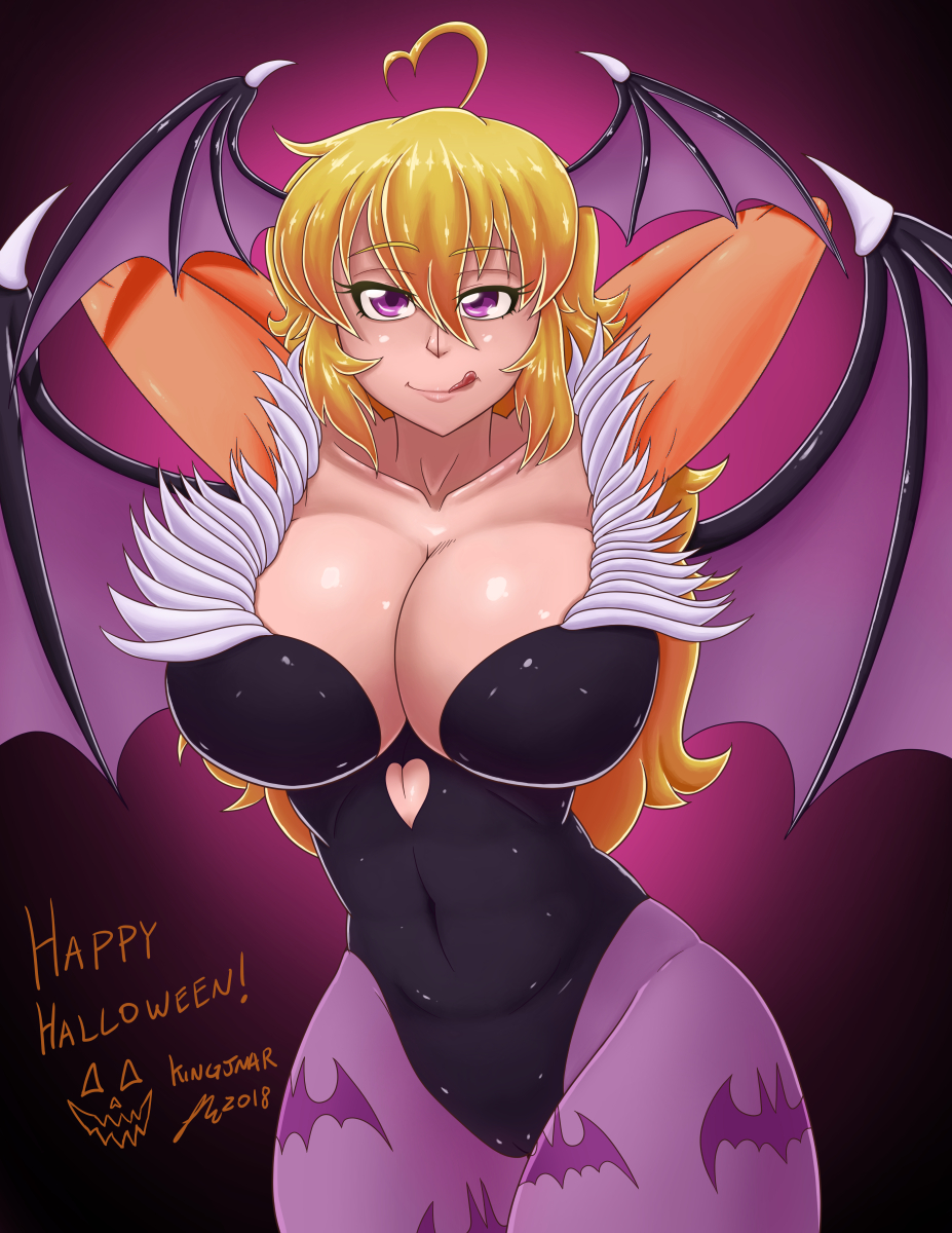 1girls arms_up big_breasts blonde_hair breasts capcom cleavage clothing cosplay curvy darkstalkers demon_wings english_text female female_only halloween halloween_costume hands_behind_head huge_breasts kingjnar large_breasts long_hair membranous_wings morrigan_aensland_(cosplay) photoshop purple_eyes rwby seductive text third-party_edit tight_clothing tongue tongue_out wings yang_xiao_long