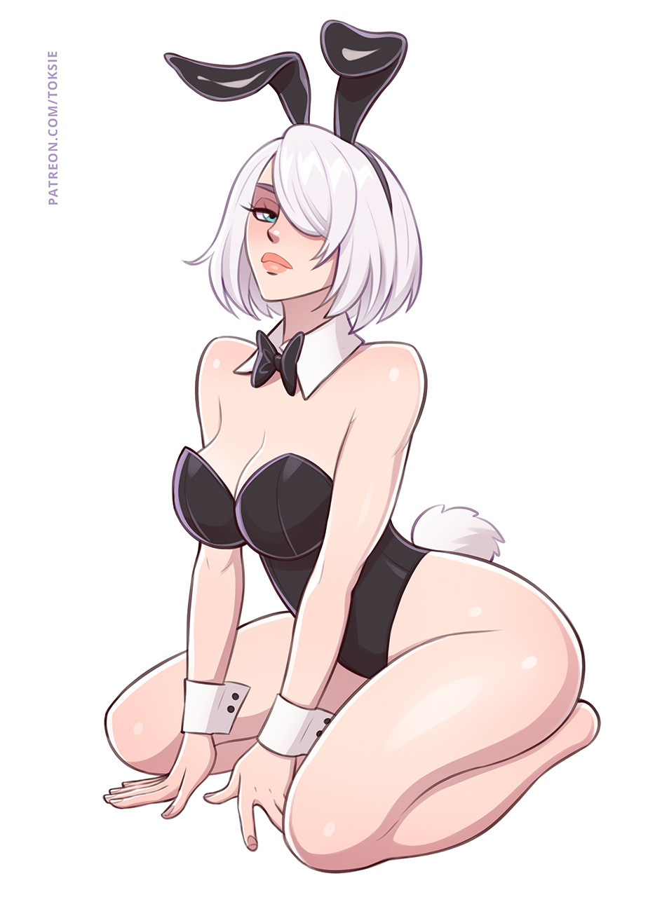 1girls blue_eyes brown_hair bunny_ears bunny_tail bunnysuit cleavage female female_only hair_over_one_eye looking_at_viewer nier:_automata solo thighs toksie white_background white_hair wide_hips yorha_2b