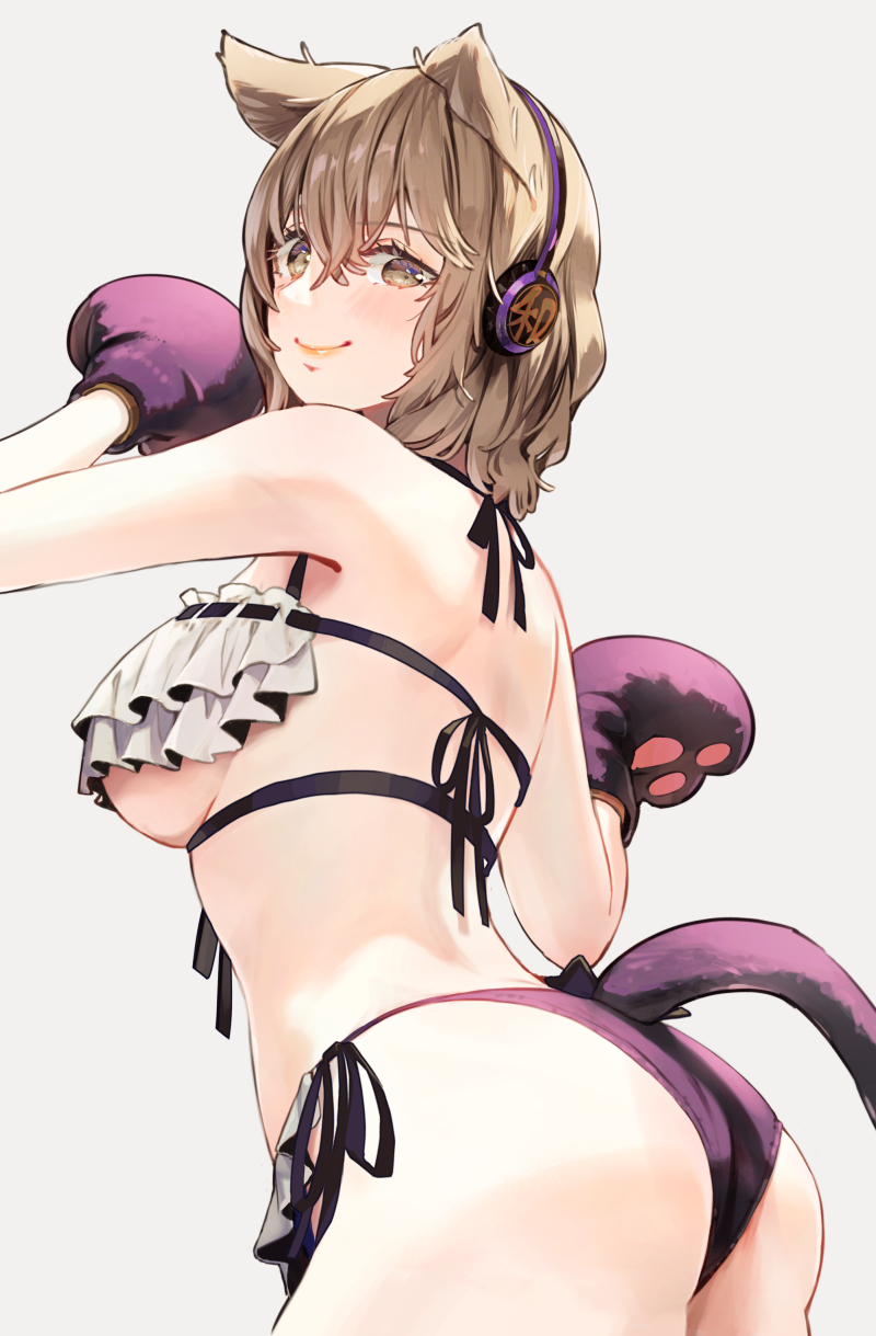 animal_hands ass blush breasts brown_eyes cat_paws cat_tail closed_mouth cowboy_shot earmuffs female grey_background hair_between_eyes highres light_brown_hair medium_breasts pointy_hair short_hair simple_background smile solo syuri22 tail touhou toyosatomimi_no_miko