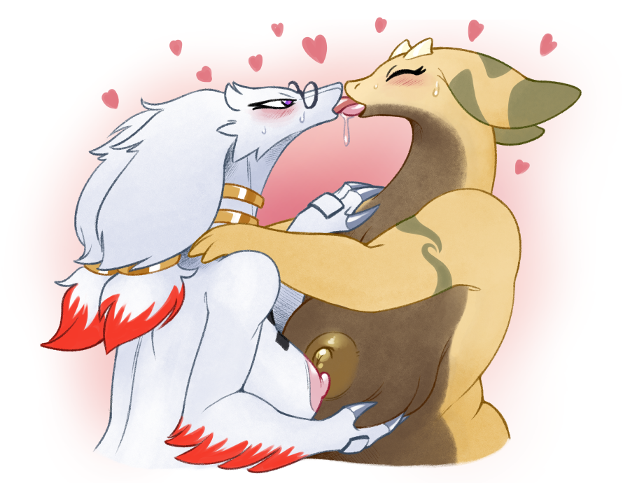 anthro areola big_breasts breasts claws dragon female female/female female_dragon female_pokemon french_kissing fur furred_dragon generation_5_pokemon goolee hair heart kissing legendary_pokemon long_hair nintendo nipples pokémon_(species) pokemon purple_eyes reshiram scalie white_body white_fur white_hair