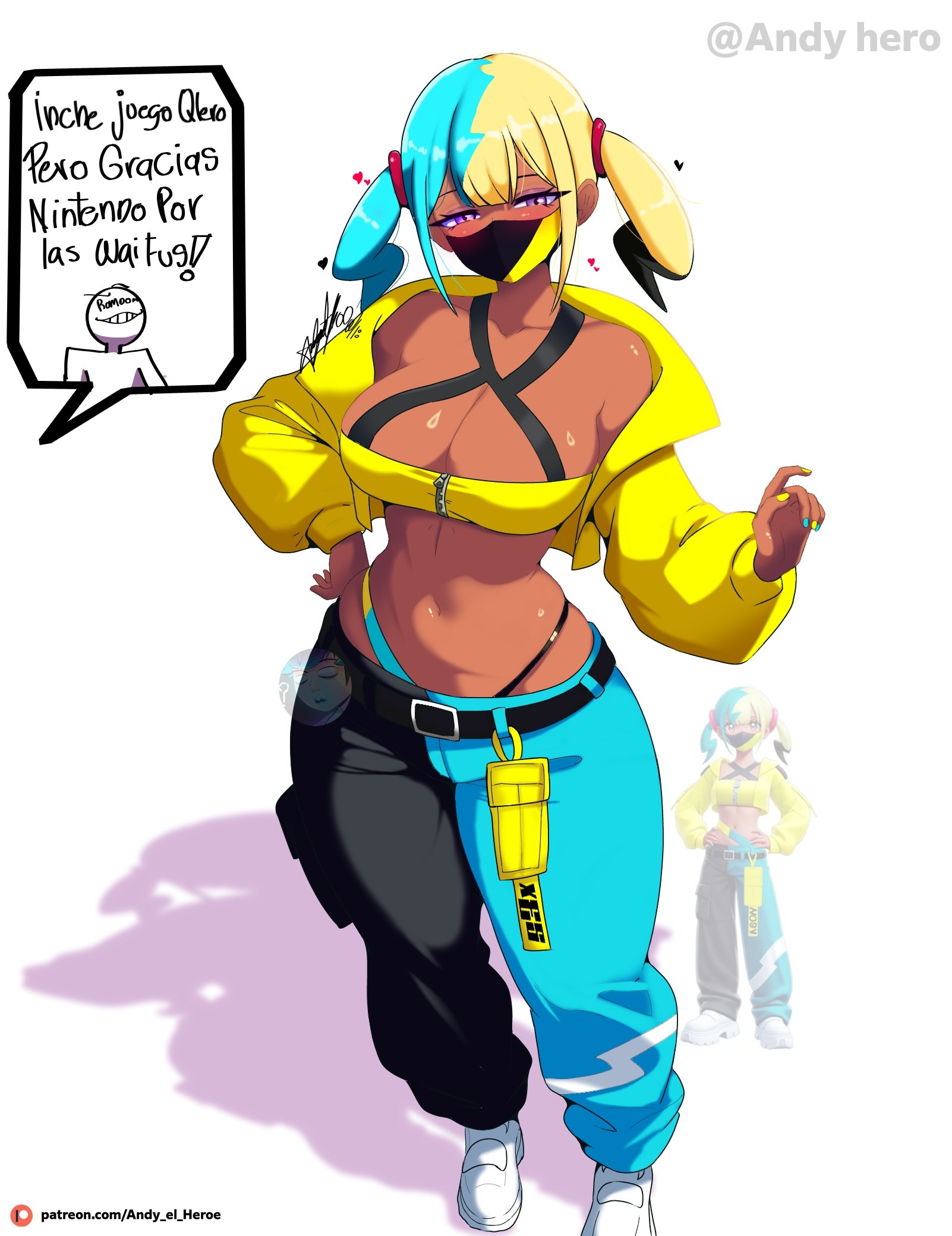 1female, 1girls, andy hero, bandeau, blue hair, blue nails, blush, breasts, canari (pokemon), canary (pokemon), cleavage, criss-cross halter, dark skin, dark-skinned female, female, female focus, female only, game freak, hair, halterneck, highleg, jacket, mask, multicolored clothing, multicolored hair, multicolored mask, multicolored pants, nail polish, nintendo, pokemon, pokemon legends: z-a, purple eyes, shoes, sneakers, solo, solo female, solo focus, tagme, twintails, two-tone hair, two-tone mask, two-tone pants, white footwear, white shoes, yellow hair, yellow nails