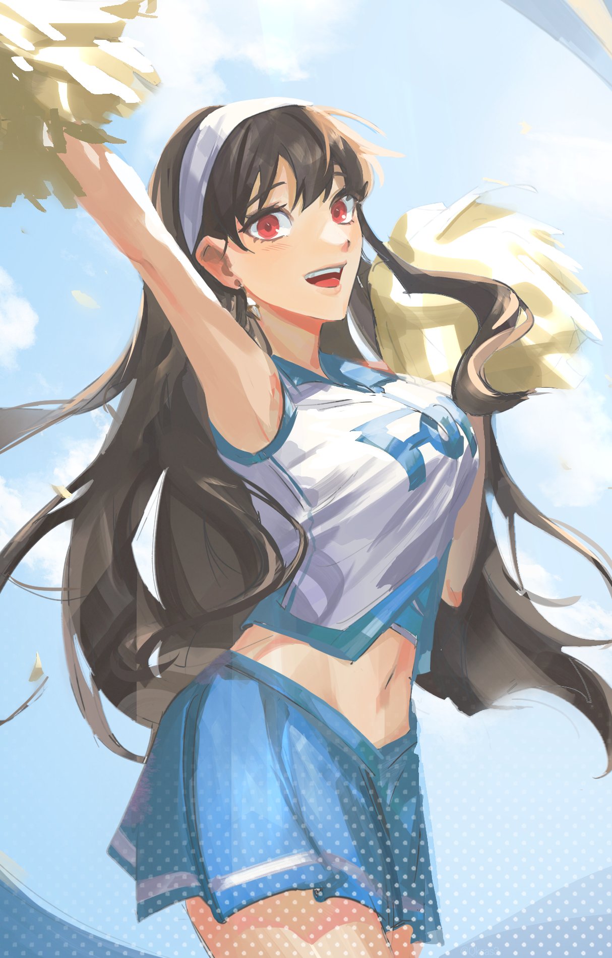 1girls, black hair, blue skirt, breasts, cheerleader, cheerleader uniform, crop top, earrings, female, hairband, large breasts, long hair, looking at viewer, midriff, milf, navel, pom pom (cheerleading), pom poms, qksas3, red eyes, skirt, spy x family, white crop top, yor briar, yor forger
