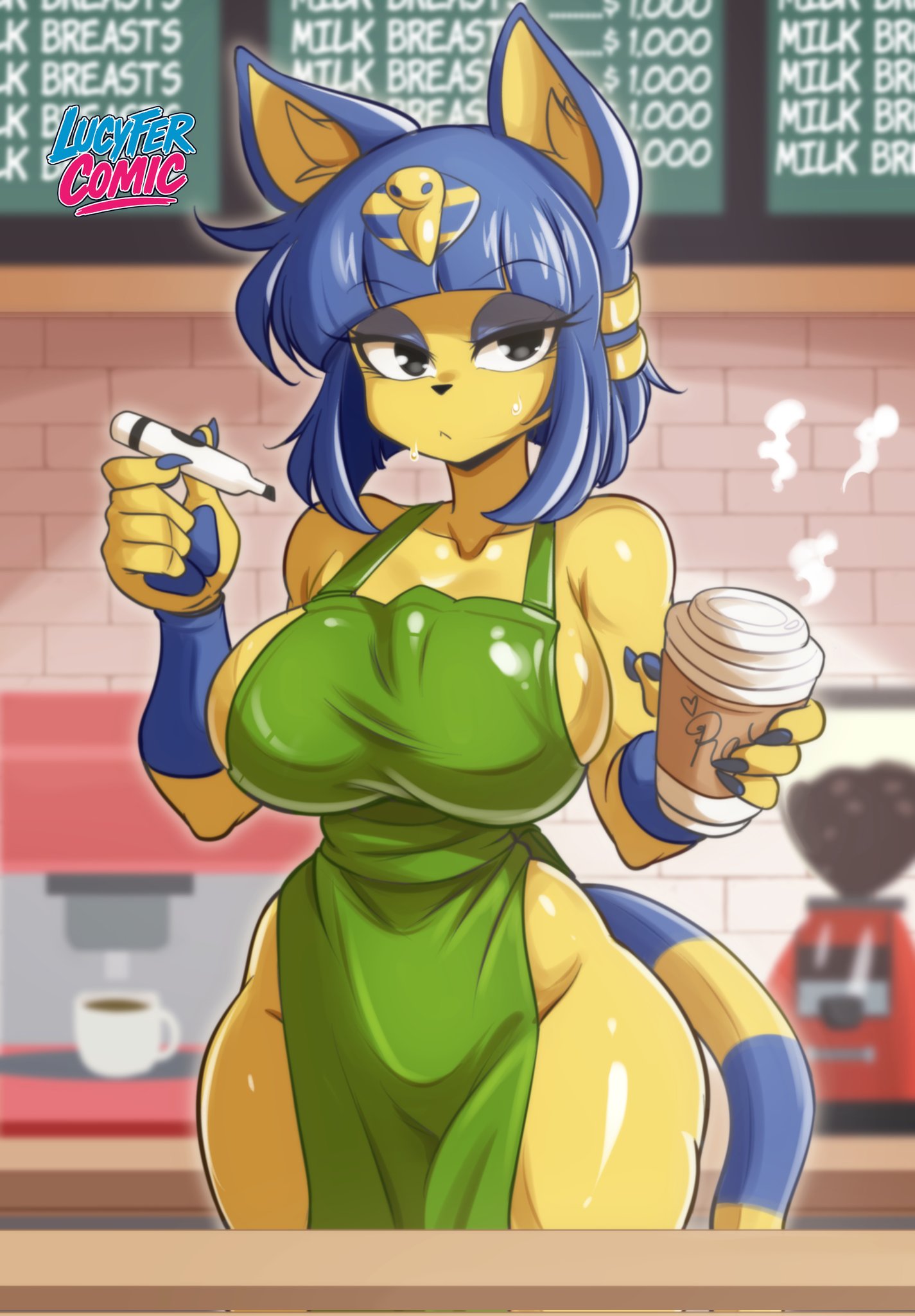 animal crossing, ankha, apron, apron only, big ass, big breasts, breasts, bubble butt, coffee, coffee cup, coffee shop, female, furry, huge ass, huge breasts, lucyfercomic, marker, naked apron, serving drink, thick thighs, wide hips