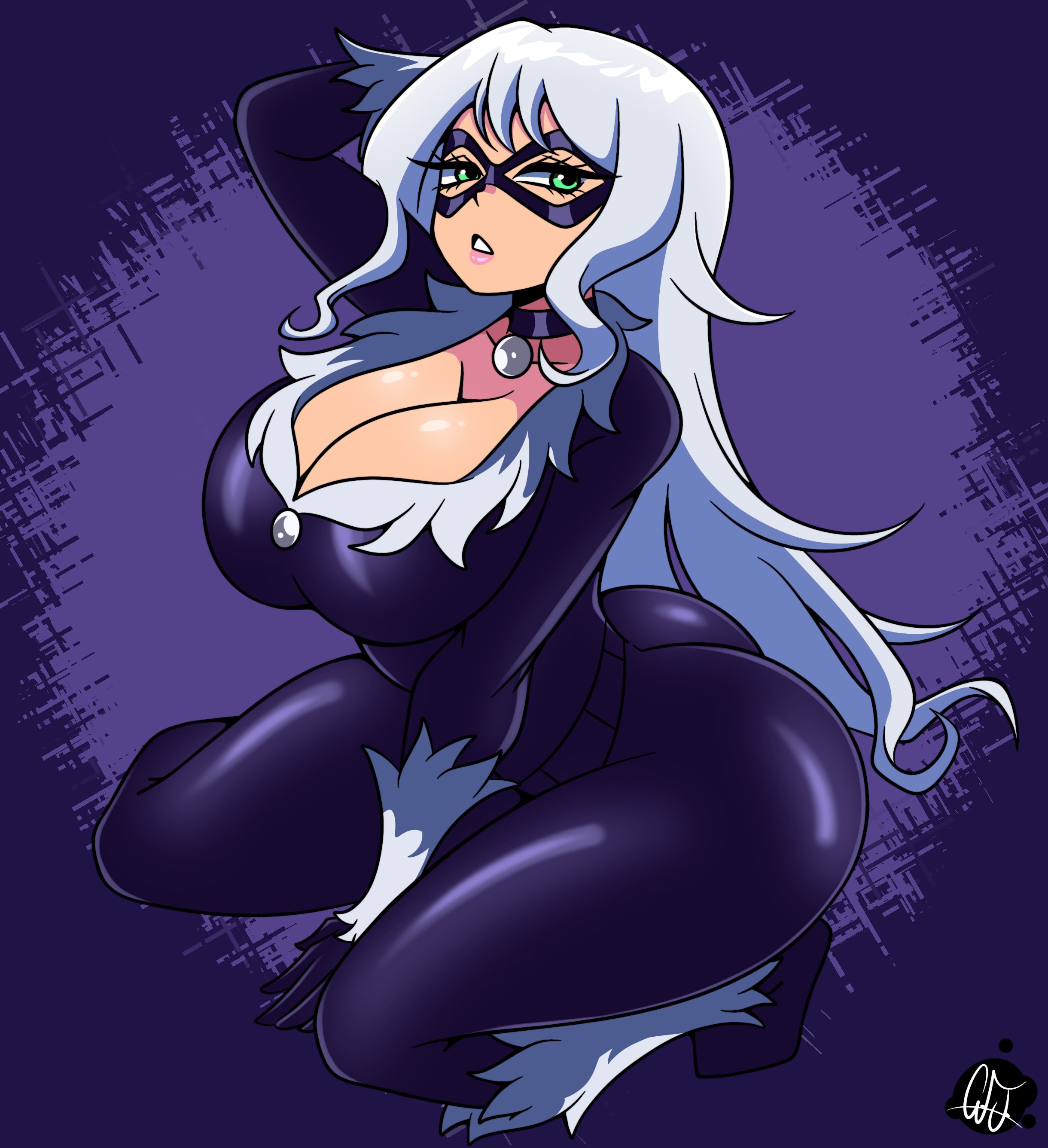 1girls, 2024, ajsdoodles, alternate breast size, ass, big ass, big breasts, big butt, black cat (marvel), black clothing, bodysuit, breasts, felicia hardy, female, female only, green eyes, long hair, marvel, marvel comics, parody, skin tight, solo, spider-man (series), superheroine, tight clothes, tight clothing, white hair