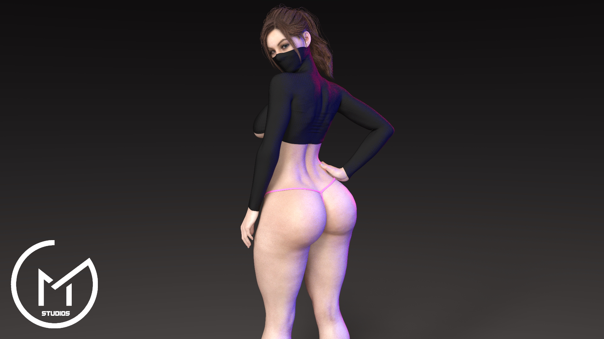 1girls, 3d, ass, big ass, big breasts, blue eyes, breasts, brown hair, bubble butt, busty, capcom, claire redfield, crop top, female, female focus, female only, g-string, gm studios, hourglass figure, long hair, looking at viewer, looking back, looking over shoulder, pink thong, ponytail, resident evil, resident evil 2, resident evil 2 remake, sideboob, solo, solo female, sweater, tagme, turtleneck, underboob, wide hips