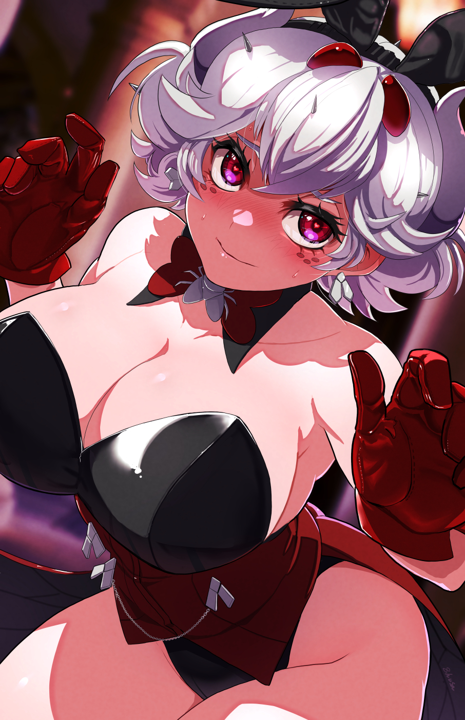 1girls 2023 2d 2d_(artwork) 5_fingers 8husa beelzebub_(helltaker) big_breasts big_thighs black_leotard blush breasts bunny_ears bunny_suit bunnysuit busty cleavage clothing covered_nipples female female_focus female_only freckles gloves heart_eyes helltaker hi_res highres hips hourglass_figure large_breasts large_thighs leotard light-skinned_female light_skin pink_eyes playboy_bunny red_eyes red_gloves smile smiling smiling_at_viewer solo thick_thighs thighs voluptuous wide_hips