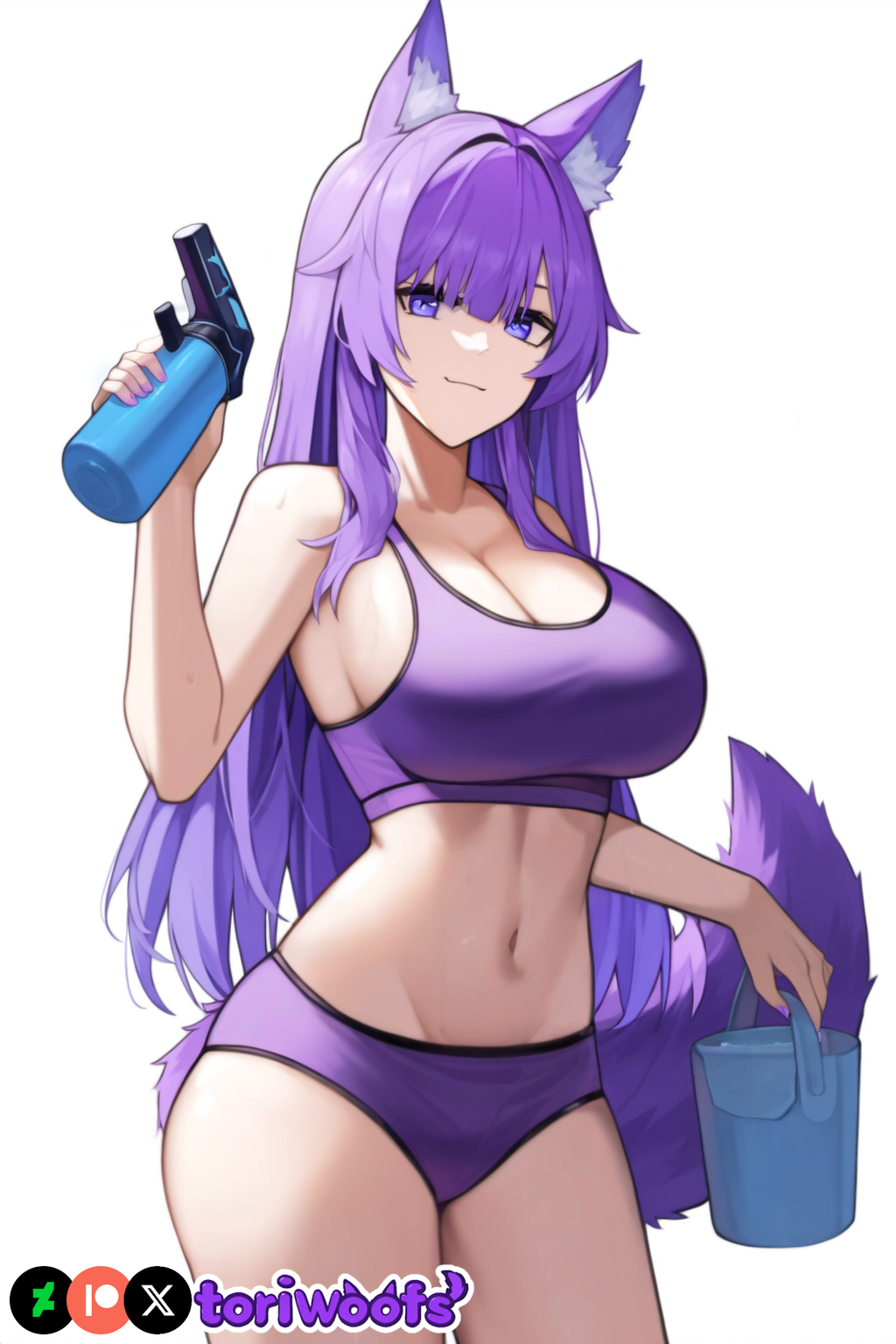 1girls ai_generated breasts bucket curvy cute dog_ears dog_girl doggirl female female_only highres hips huge_breasts kemonomimi light_skin light_skinned_female long_hair panties patreon_username petgirl petite purple_ears purple_eyes purple_hair purple_tail smile sports_bra standing thick_thighs thighs tori toriwoofs watermark wide_hips wolf_ears