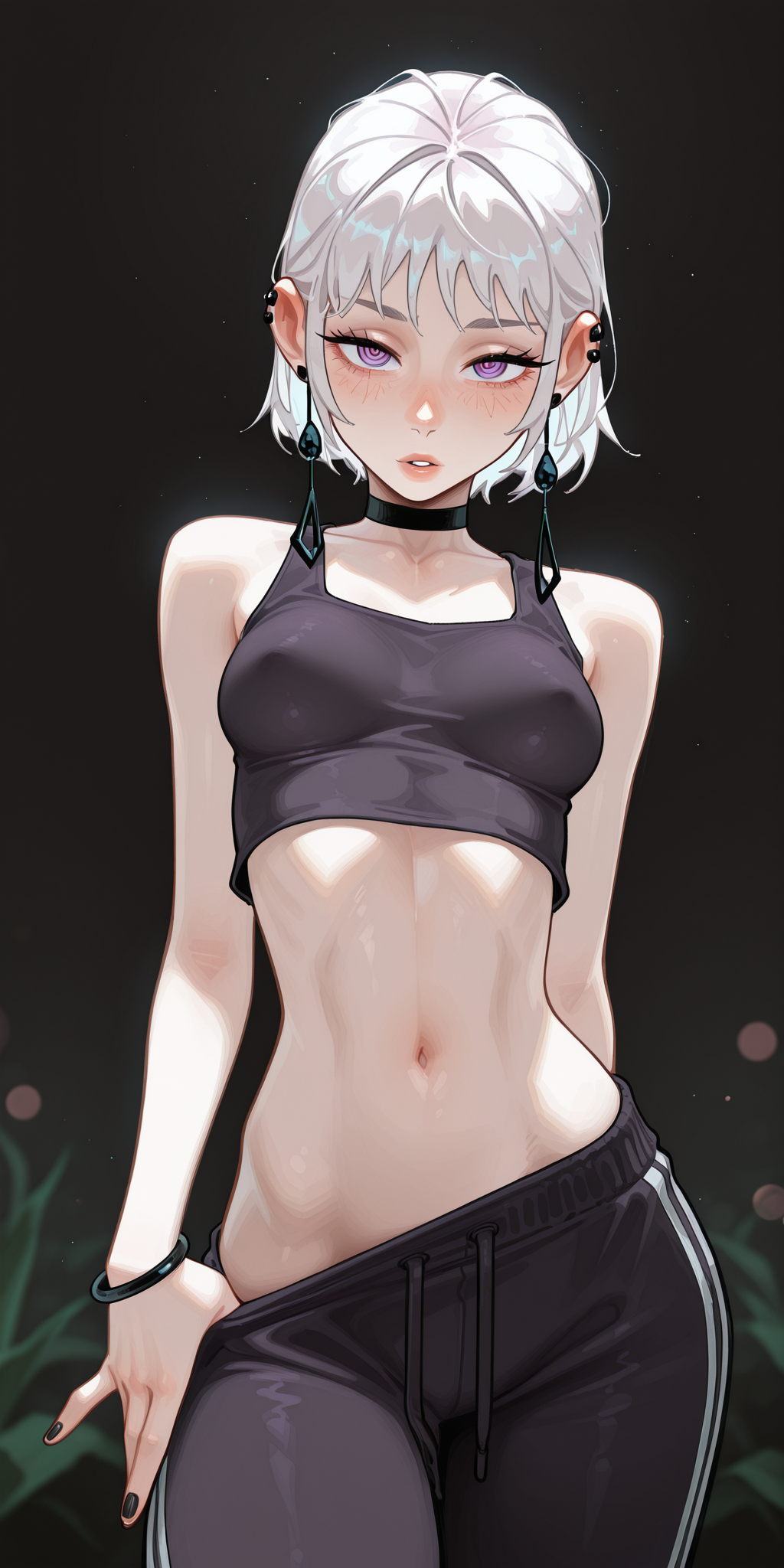 1girls, ai generated, bangs, black nails, blush, bracelet, breasts, chainsaw man, choker, clothes pull, crop top, death devil (chainsaw man), earclip, earrings, female, horny, looking at viewer, midriff, molamaxuy, navel, perfect body, pulling down pants, purple eyes, revealing, ringed eyes, sexy, short hair, simple background, skinny, small breasts, solo, suggestive, sweatpants, tank top, white hair