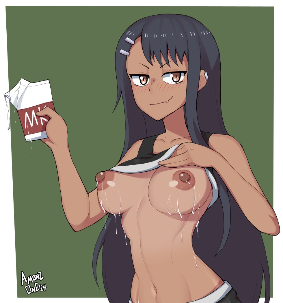 1girls 2024 amonzone artist_name black_hair blush breasts brown_eyes hayase_nagatoro long_hair milk milk_carton milk_drip please_don't_bully_me,_nagatoro solo solo_female tan-skinned_female tan_skin