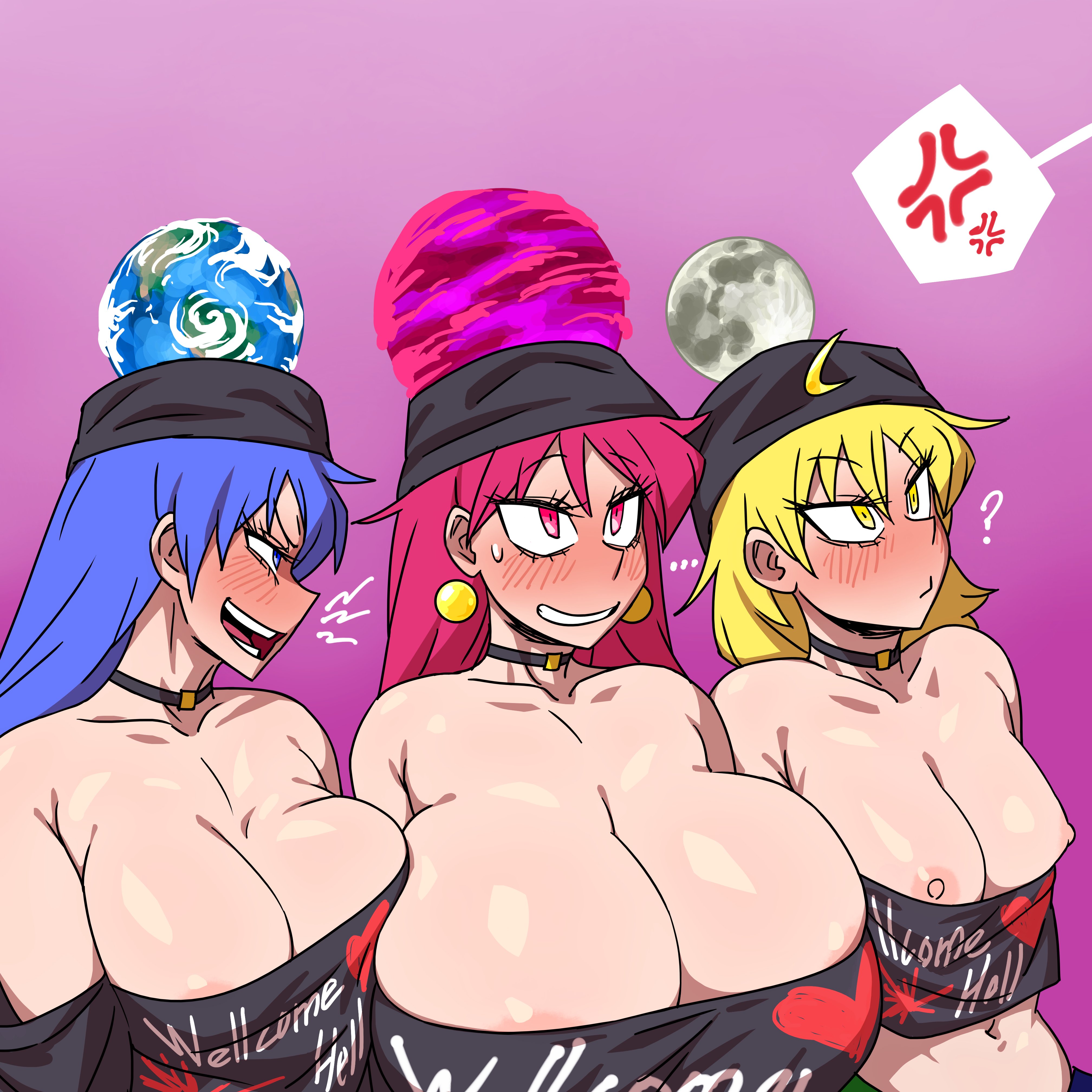 3girls, anger vein, blush, cleavage, eddybird, hecatia lapislazuli, huge breasts, imminent sex, large breasts, moon, touhou