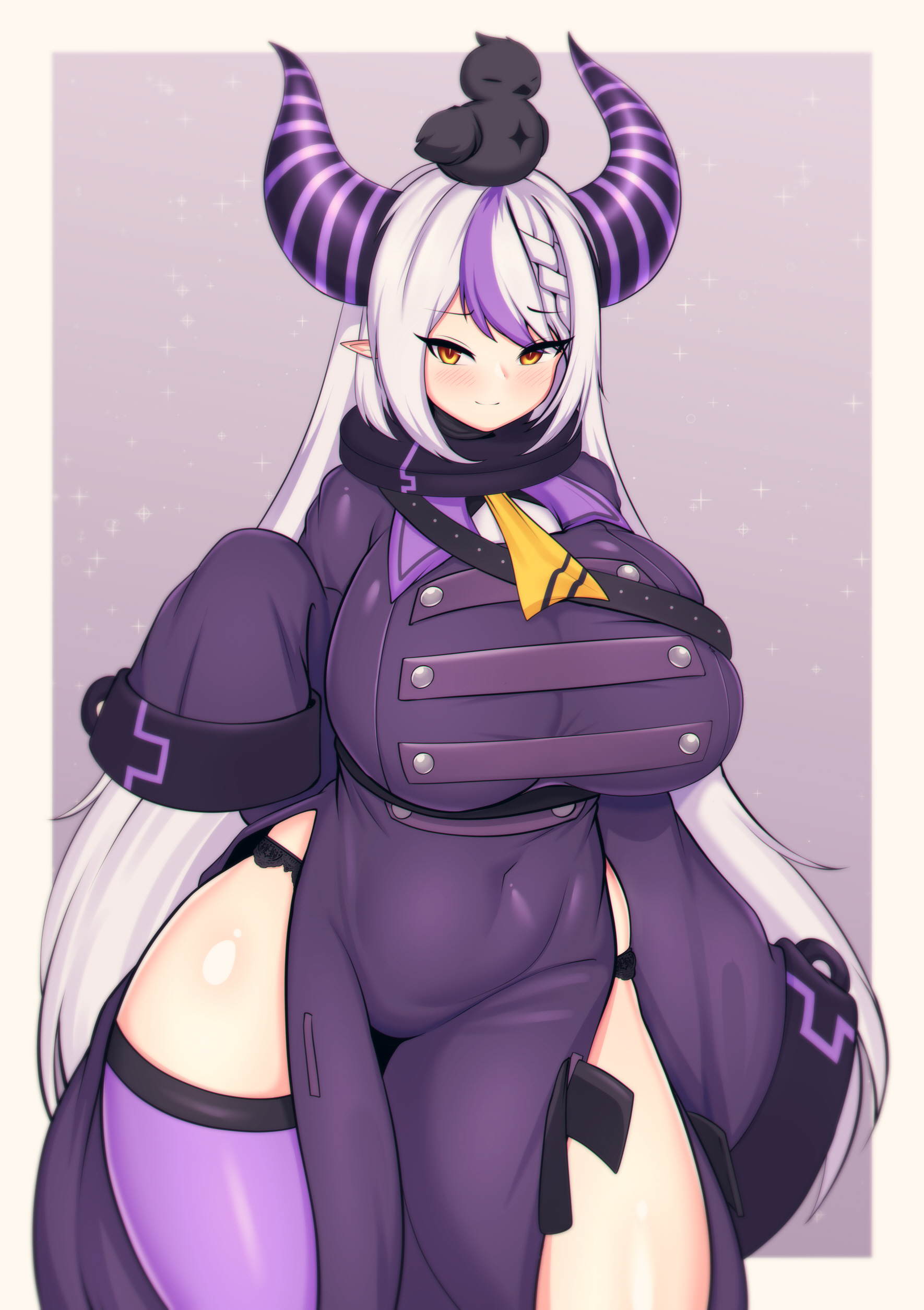 absurd res, alternate body type, alternate breast size, avian, big breasts, bird, blush, blush lines, breasts, clothing, female, hair, hi res, hololive, hololive japan, holox, horn, horned humanoid, huge breasts, huge thighs, humanoid, humanoid pointy ears, la+ darknesss, looking at viewer, multicolored hair, navel, purple background, purple hair, simple background, solo, standing, tailzkim, thick thighs, virtual youtuber, vtuber, white hair, wide hips, yellow eyes