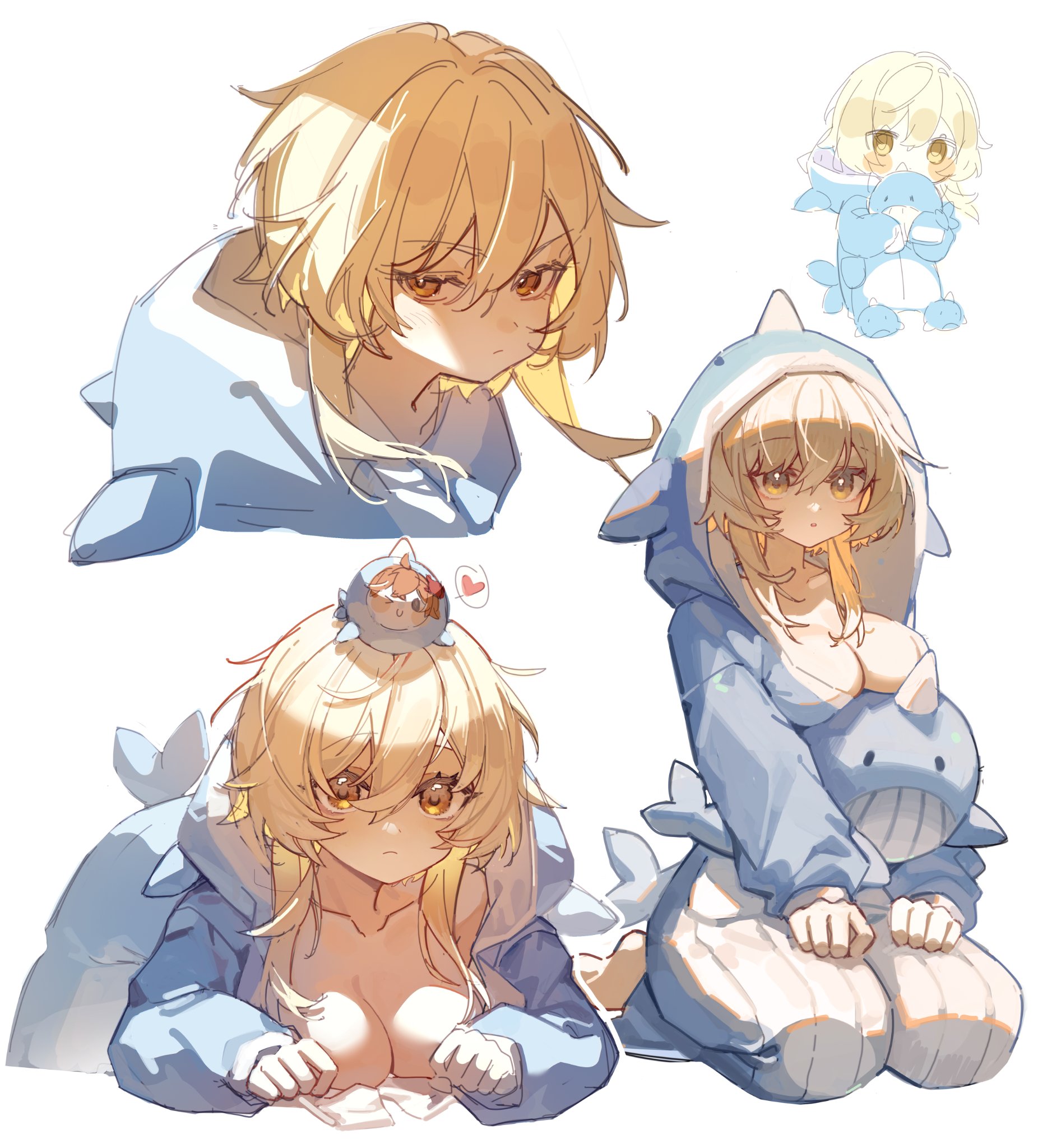 1girls, blonde hair, breasts, cleavage, eye-level view, female, female only, genshin impact, high resolution, kneeling, large breasts, leaning forward, light skin, light-skinned female, looking at viewer, lumine (genshin impact), pajamas, solo, ssm82048039, white background, yellow eyes
