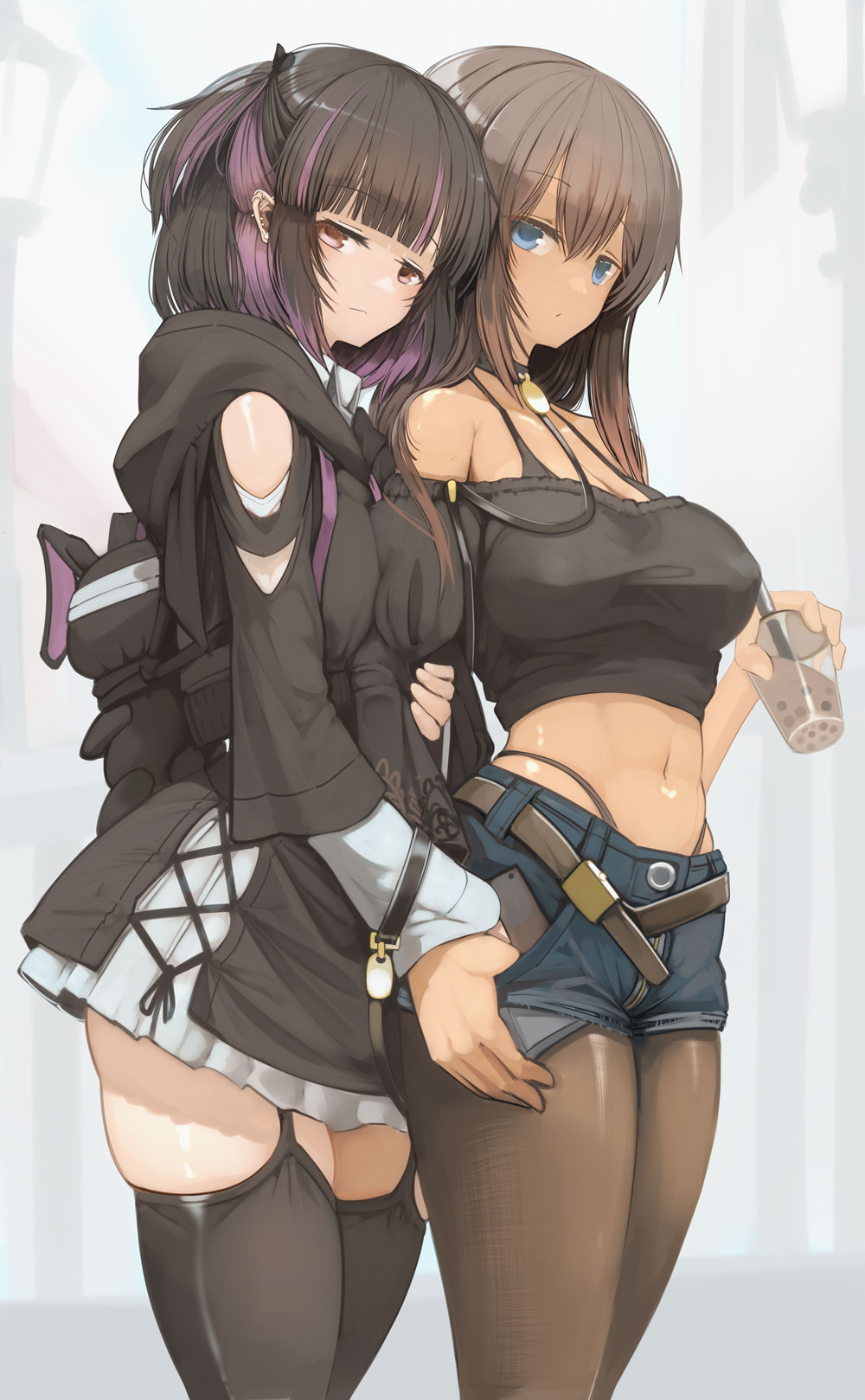 2girls, big breasts, blue eyes, breasts, brown eyes, dark hair, female, genek, jeans, long hair, long sleeves, looking at viewer, pantyhose, purple hair, shorts, skirt, stockings, tanned, tanned female, tanned skin, thick thighs, topwear
