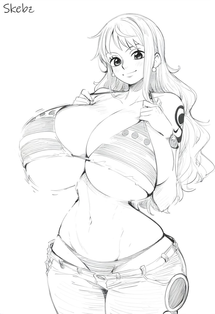 big_breasts bikini bikini_bottom breasts breasts_bigger_than_head cleavage female female_only huge_breasts jeans large_breasts long_hair monochrome nami nami_(one_piece) one_piece open_pants post-timeskip shounen_jump skeboo smile striped_bikini watermark