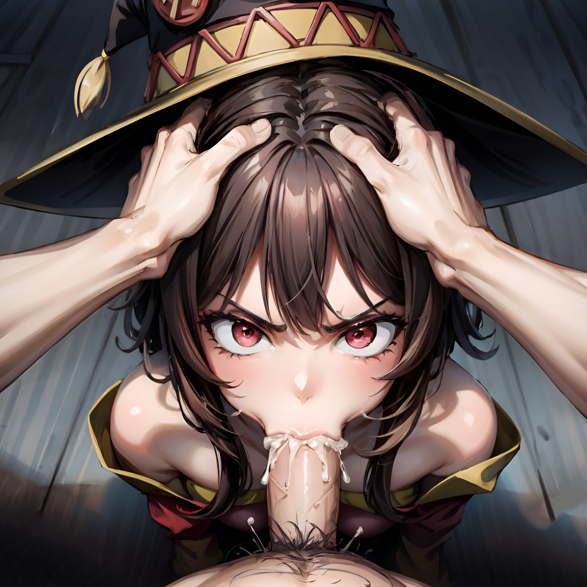 1girls, ai generated, angry, angry face, angry fellatio, arbitrary, blowjob, brown hair, cum, cum in mouth, face fucking, fellatio, female, female focus, forced oral, hands on head, head grab, hi res, kono subarashii sekai ni shukufuku wo!, male, megumin, oral, oral creampie, penis, penis in mouth, pov, pov eye contact, stable diffusion, witch hat