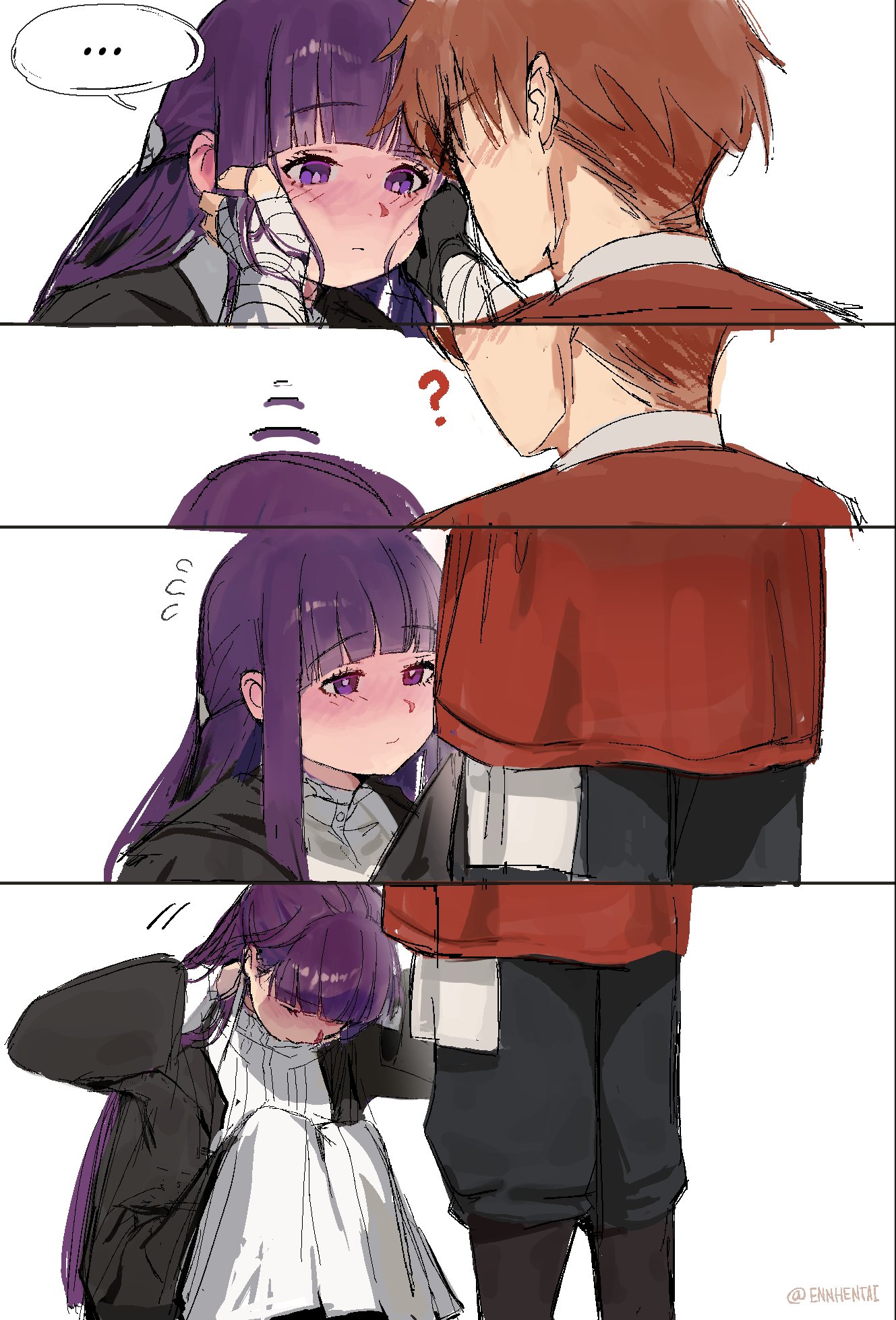 1boy, 1girls, big breasts, breasts, crouching, embarrassed, embarrassed female, ennhentai, fanfiction, female, fern (sousou no frieren), holding face, long hair, long sleeves, male, manga, manga page, orange hair, panels, png version available, purple eyes, purple hair, red hair, sfw, sousou no frieren, stark (sousou no frieren), tight clothing, wholesome