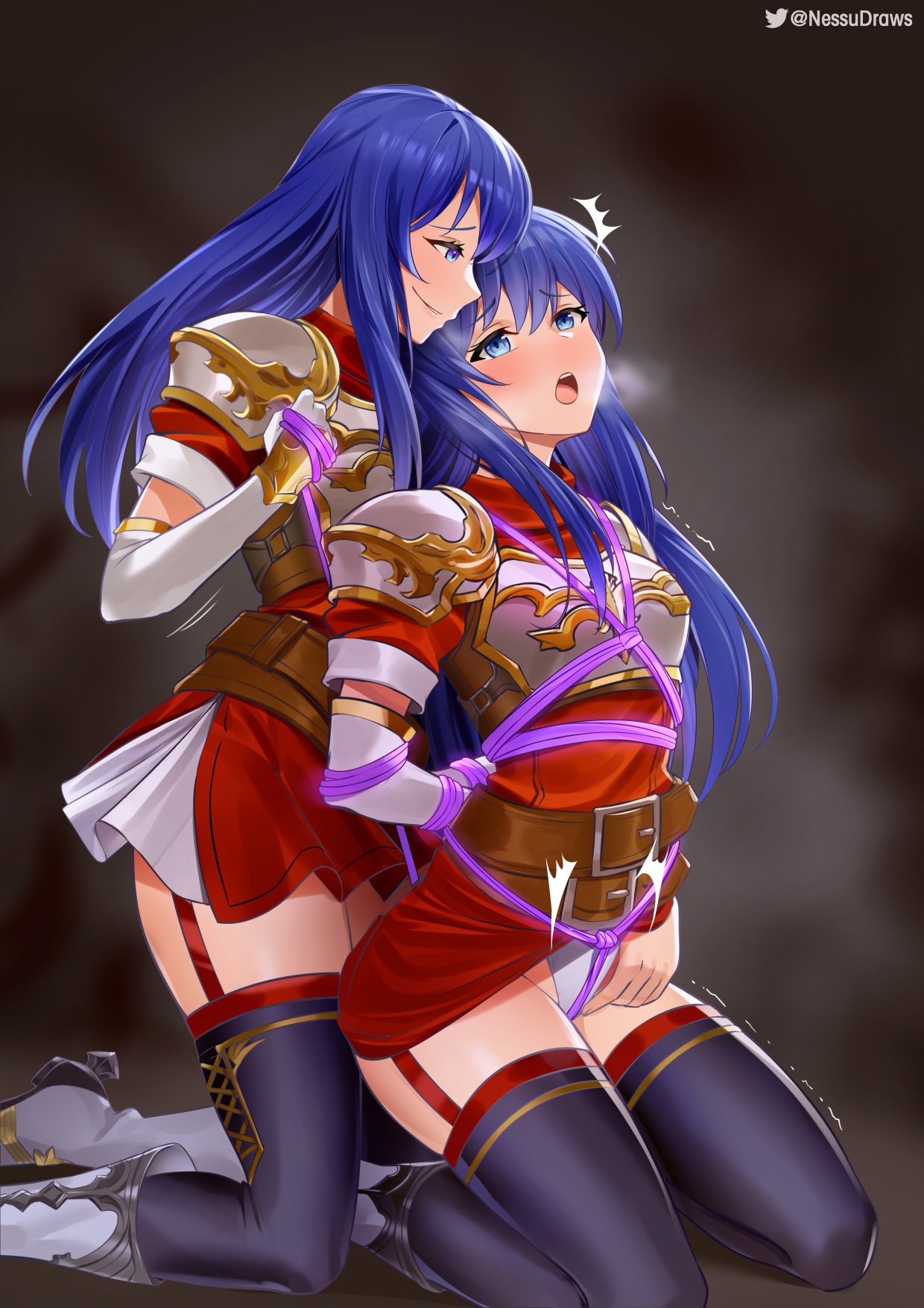 2girls blue_hair blush bondage breath caeda_(fire_emblem) clothed clothed_female commission dual_persona female female_focus female_only femdom femsub fire_emblem fire_emblem:_mystery_of_the_emblem fire_emblem:_shadow_dragon_and_the_blade_of_light girls girls_only kneeling loki_(fire_emblem) long_hair multiple_persona nessu_(nnn07897) nessudraws nintendo only_female panties pulling_rope rope rope_bondage selfcest shapeshifter tied_up underwear upskirt white_panties yuri