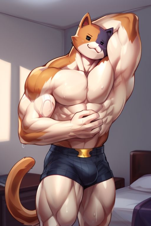 1boy abs ai_generated anthro bedroom big_bulge blue_fur briefs brown_fur brown_tail bulge calico_cat cat_ears cat_tail catboy detailed detailed_background epic_games felid feline felis fortnite fortnite:_battle_royale male male_breasts male_only meowscles meowscles_(fortnite) muscular muscular_anthro muscular_arms muscular_male nipples orange_eyes pants partially_clothed partially_nude pecs pink_nose posing shirtless shorts solo solo_focus solo_male stable_diffusion sweat sweating thick_thighs tricolor tricolor_fur video_game_character video_games white_body white_fur wide_hips