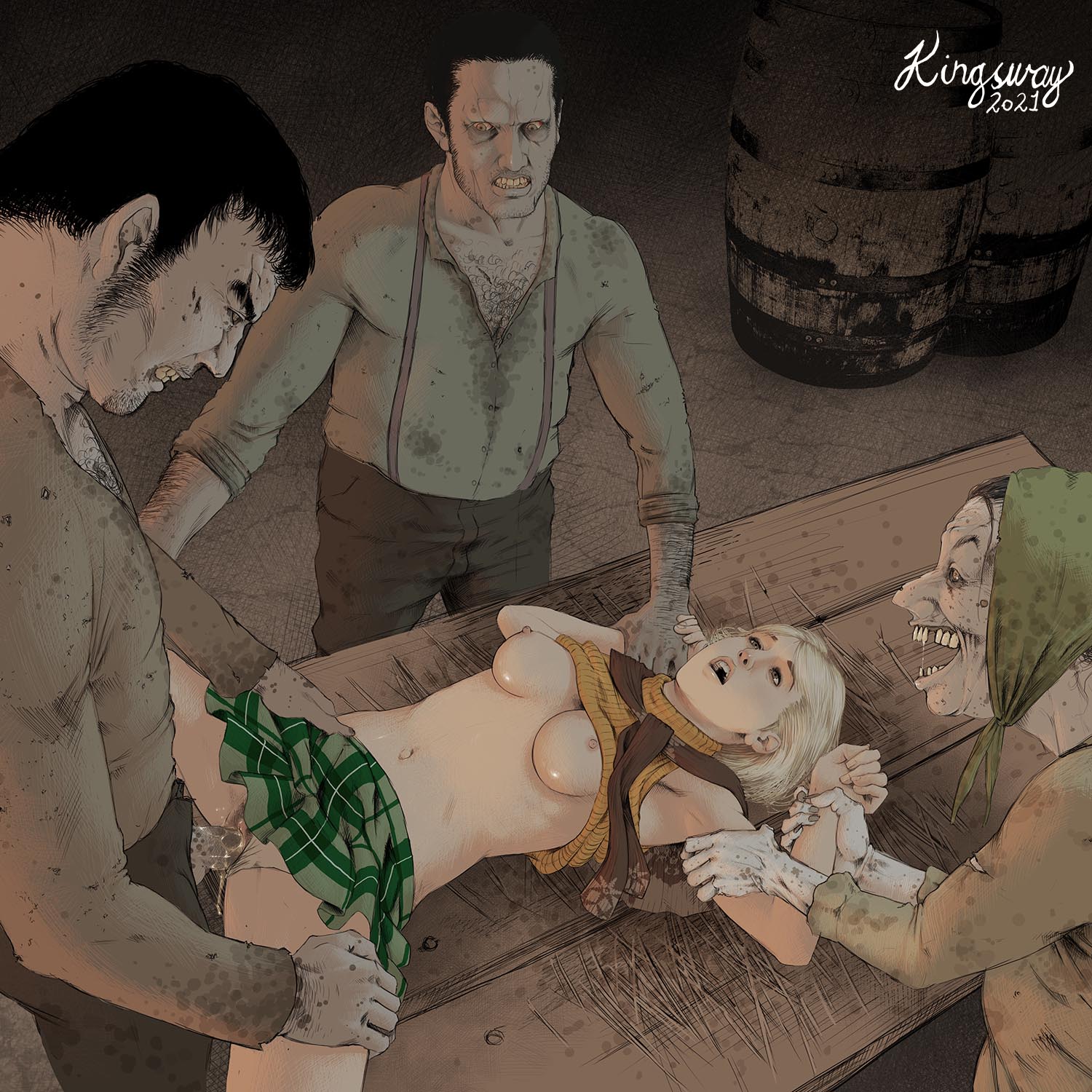 1girls, 3boys, ashley graham, ashley graham (brooke elizabeth mathieson), assisted rape, bad end, biohazard, blonde hair, breasts, capcom, captured, clothed, clothed sex, clothing, digital drawing (artwork), digital media (artwork), domination, dubious consent, fat male, female, female penetrated, forced, ganado, gangbang, gangrape, held down, kingsway, looking pleasured, male, male penetrating, male/female, maledom, miniskirt, monster, monster on female, multiple boys, multiple males, nipples, old male, older male, on table, penis, pleasure face, pussy, rape, resident evil, resident evil 4, restrained, sex, shirt lift, skirt, skirt lift, ugly bastard, vaginal penetration, younger female