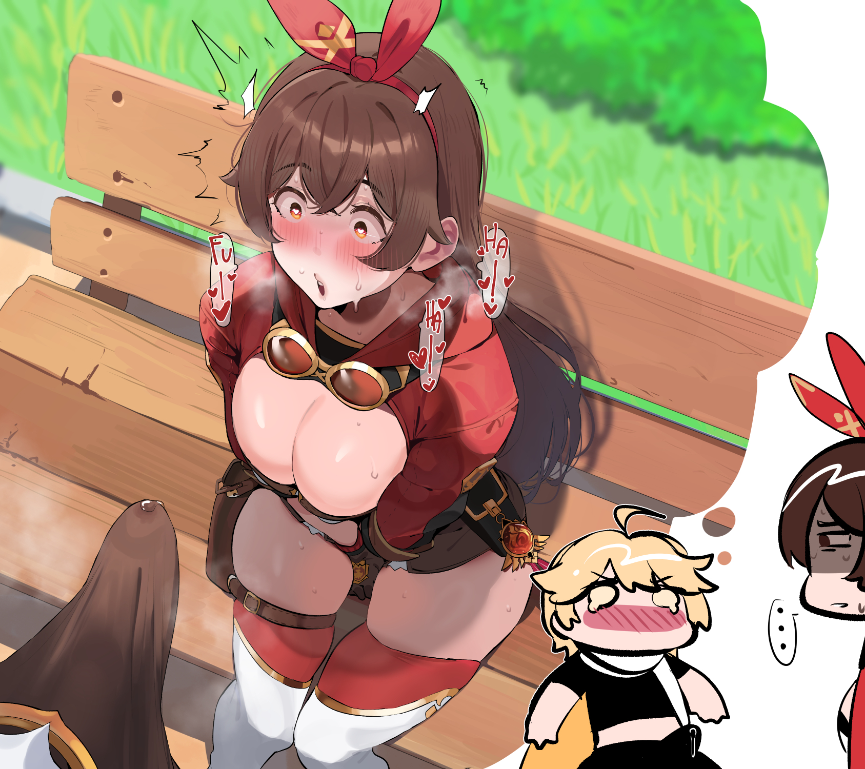 1boy, 1girls, aether (genshin impact), amber (genshin impact), big breasts, blonde hair, blush, boner, boner in pants, breasts, brown hair, bulge, bulge awe, cleavage, cock hungry, erection, excited, fantasizing, female, genshin impact, headgear, heart, imagining, imminent deepthroat, imminent fellatio, imminent oral, male, okpriko, penis, penis awe, precum, straight, text, thought bubble