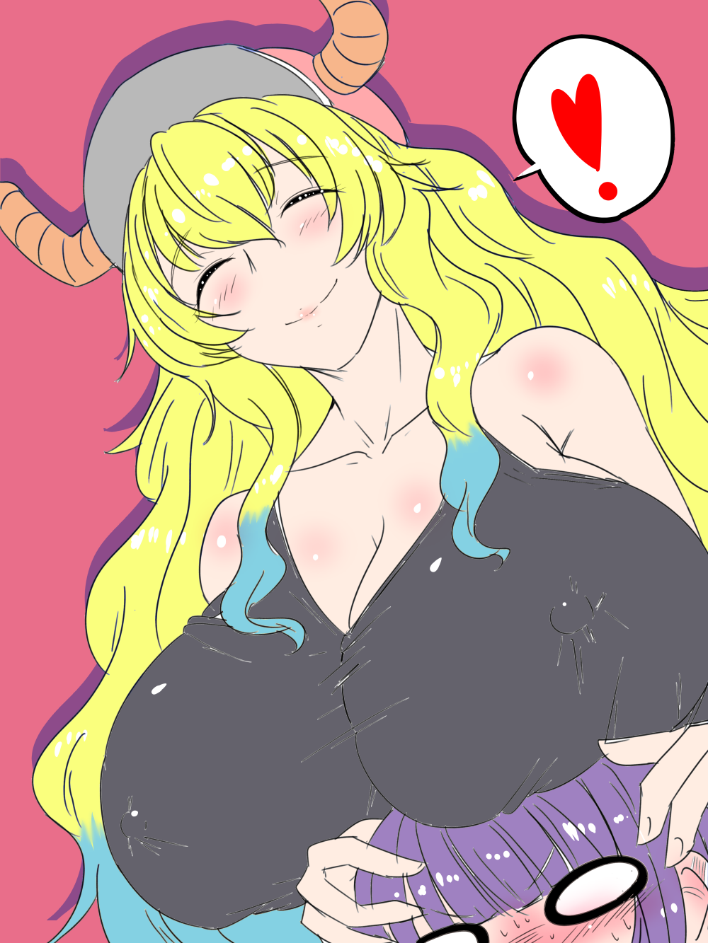 1boy bare_shoulders blonde_hair blush breasts cleavage closed_eyes covered_erect_nipples dutch_angle female gradient_hair hair_between_eyes hat heart highres horns huge_breasts kemomofu kobayashi-san_chi_no_maidragon lucoa_(maidragon) magatsuchi_shouta multicolored_hair purple_hair quetzalcoatl_(dragon_maid) shiny_skin simple_background smile wavy_hair