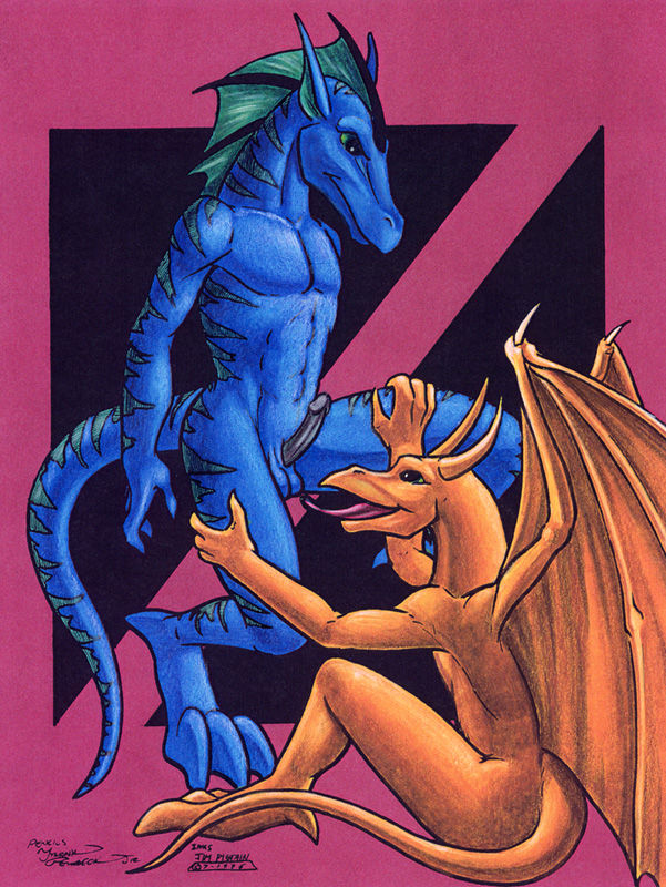 2boys anthro claws dragon frank_gembeck frill_(anatomy) genitals horns long_tail male male/male male_focus male_only naked nude penis reptile scalie skinny_tail testicles tongue tongue_out wings