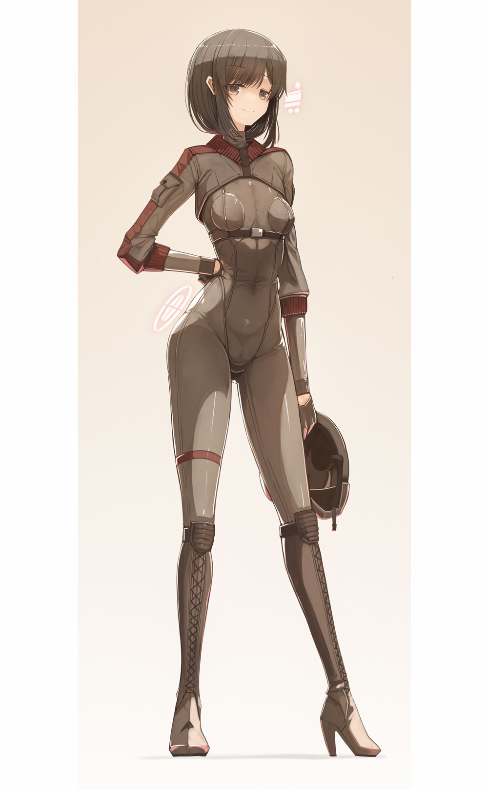 black_hair bob_cut breast_plate genek helmet helmet_removed high_heel_boots high_heels looking_at_viewer pilot_suit slim_waist small_breasts smile smiling_at_viewer suit teenager tight_clothing