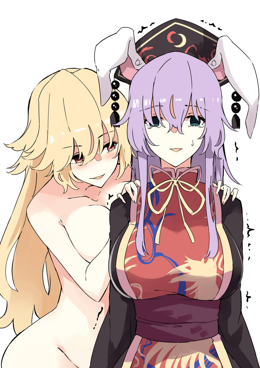 2girls :d alternate_eye_color animal_ears bad_id bad_twitter_id black_dress blonde_hair blue_eyes blush breasts cleavage clothed_female_nude_female commentary_request completely_nude convenient_arm cosplay crescent_print deetamu dress empty_eyes facing_viewer groin hair_between_eyes hands_on_another's_shoulders hat highres junko_(touhou) junko_(touhou)_(cosplay) large_breasts leaning_on_person long_hair looking_at_another looking_at_viewer multiple_girls nude open_mouth orange_hair purple_hair rabbit_ears rabbit_girl red_eyes reisen_udongein_inaba scared smile tabard tearing_up tears touhou trembling very_long_hair you_gonna_get_raped yuri