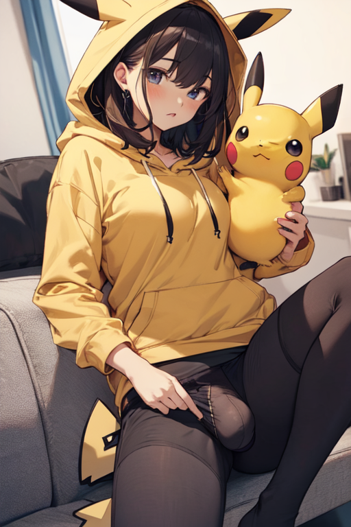 ai_generated black_clothing black_pantyhose black_underwear blue_eyes blush brown_hair bulge bulge_through_clothing futa_only futanari hood hood_up hoodie indoors long_hair looking_at_viewer original original_character pantyhose partially_clothed pikachu pikachu_plushie pixai plushie pokemon sitting sitting_on_sofa sofa solo solo_futa underwear yellow_clothing yellow_hoodie