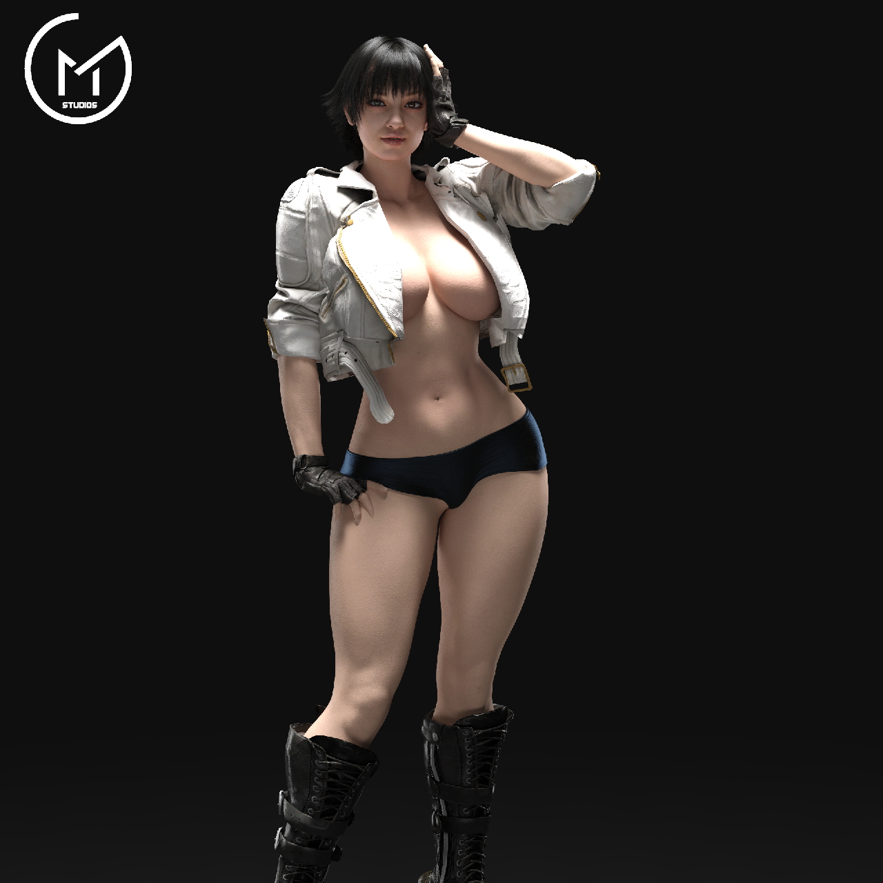 1girls, 3d, black hair, breasts, capcom, covered nipples, devil may cry, devil may cry (series), devil may cry 5, female, female only, gm studios, jacket, lady (devil may cry), large breasts, no eyewear, no shirt, open jacket, solo, tagme